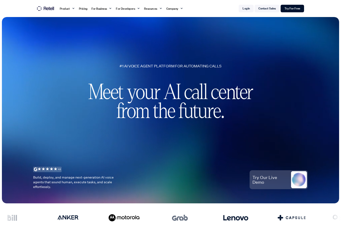 Screenshot of the Retell AI landing page