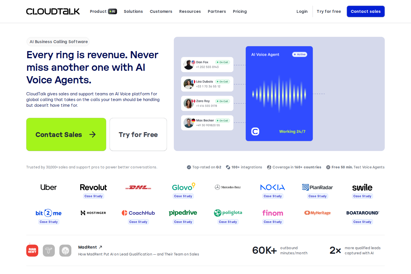 Screenshot of the CloudTalk landing page