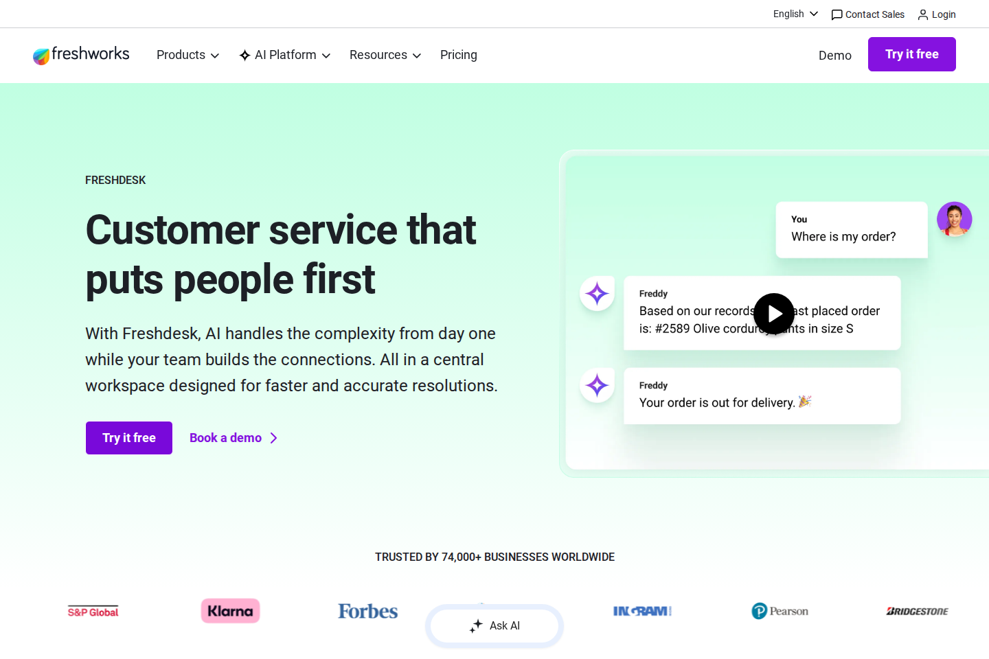 Screenshot of the Freshdesk landing page