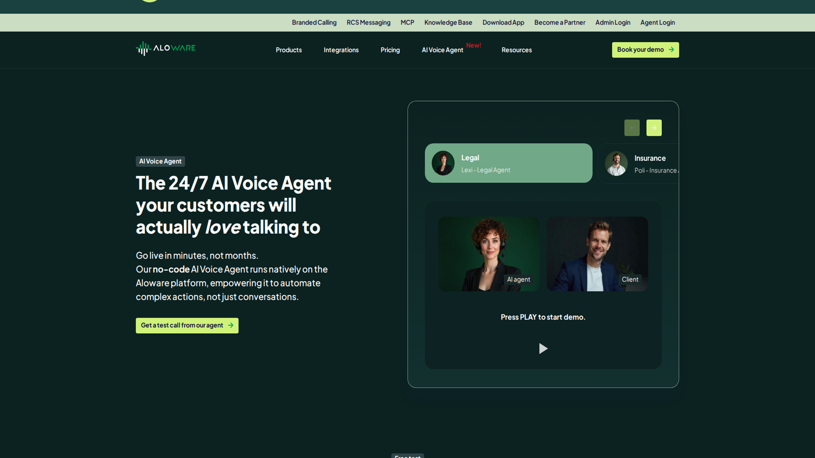 Screenshot of the Aloware AI voice agent page