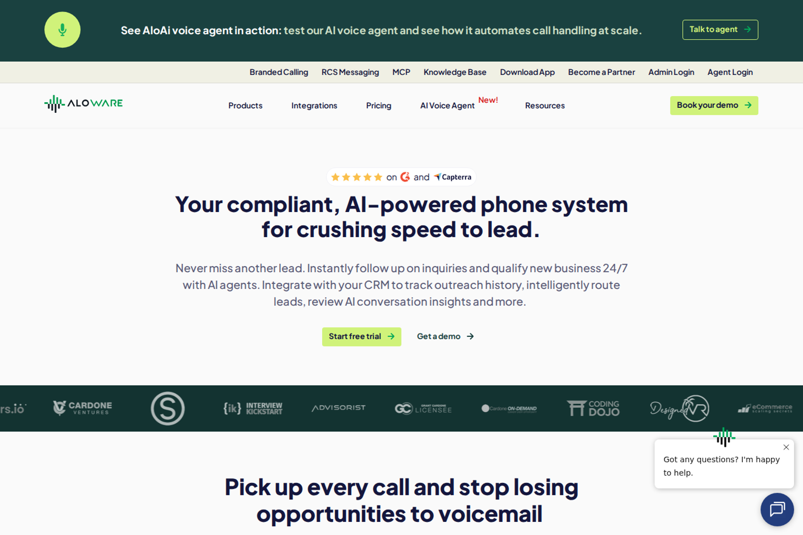 Screenshot of the Aloware homepage