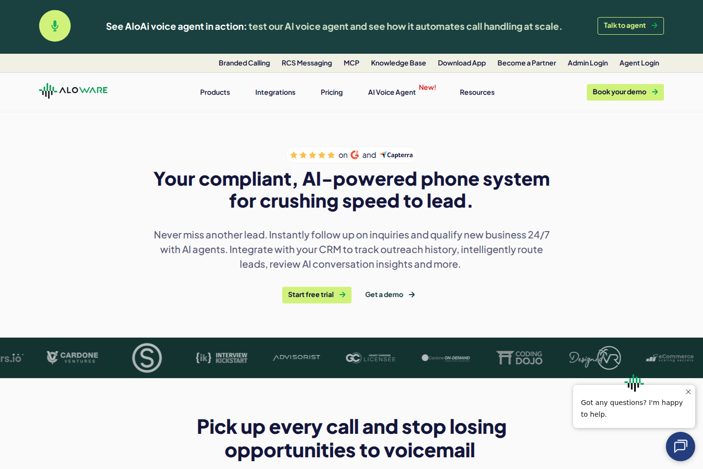 Screenshot of the Aloware homepage