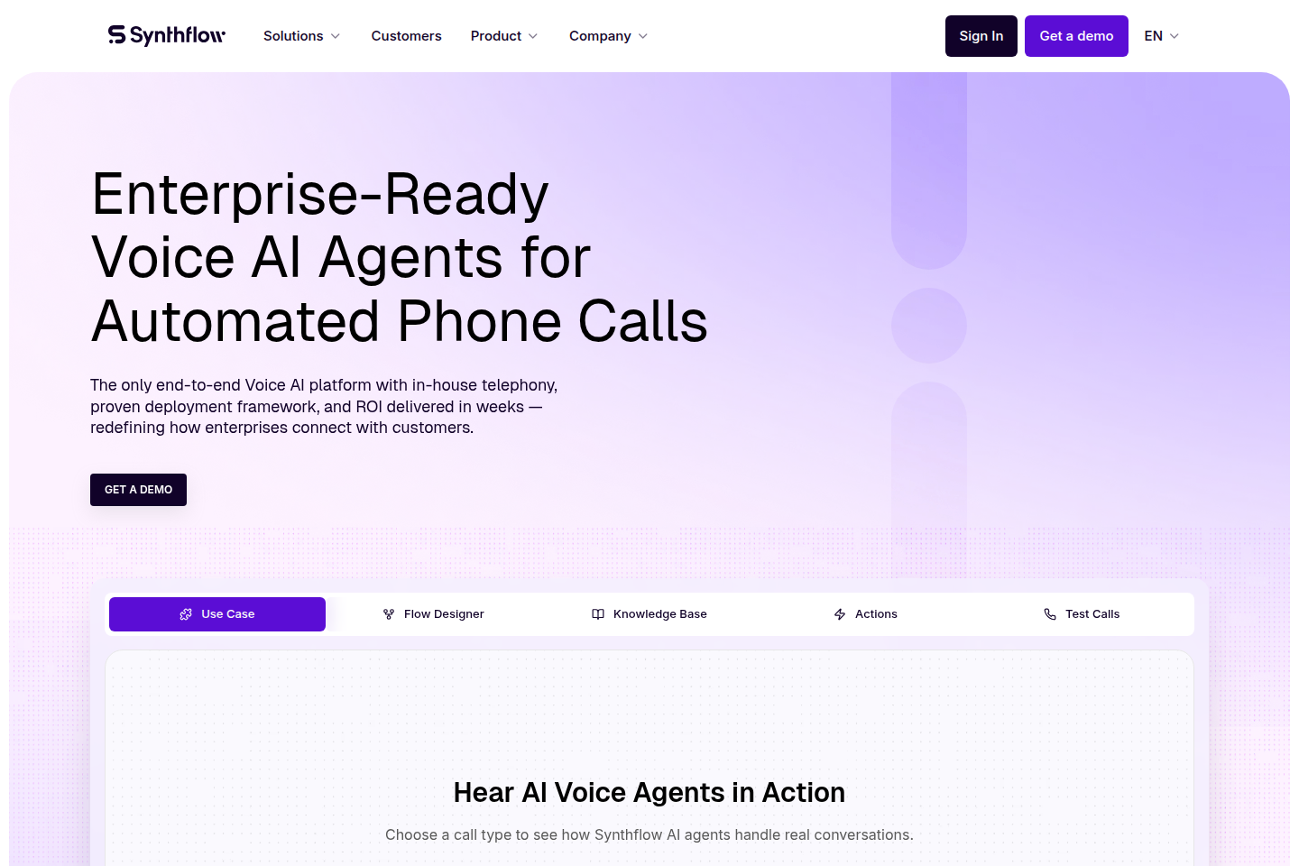 Screenshot of the Synthflow AI landing page