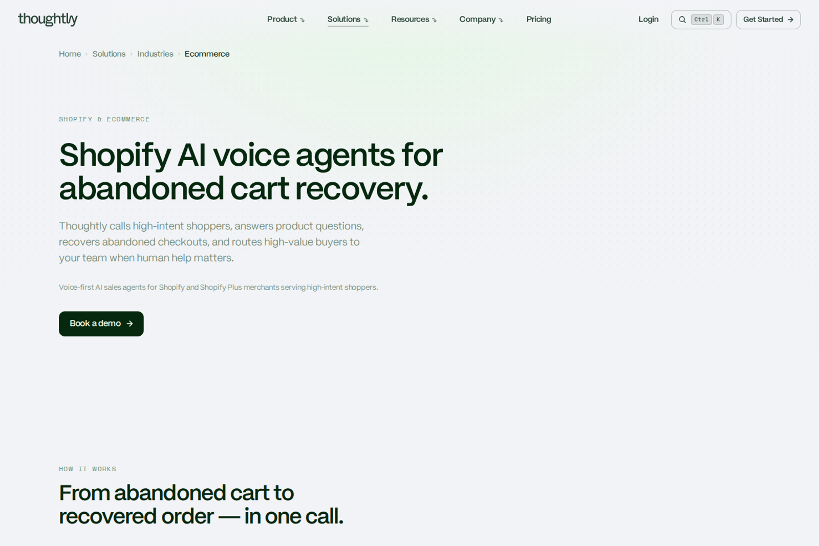 Screenshot of the Thoughtly ecommerce solutions page showing Shopify AI voice agents