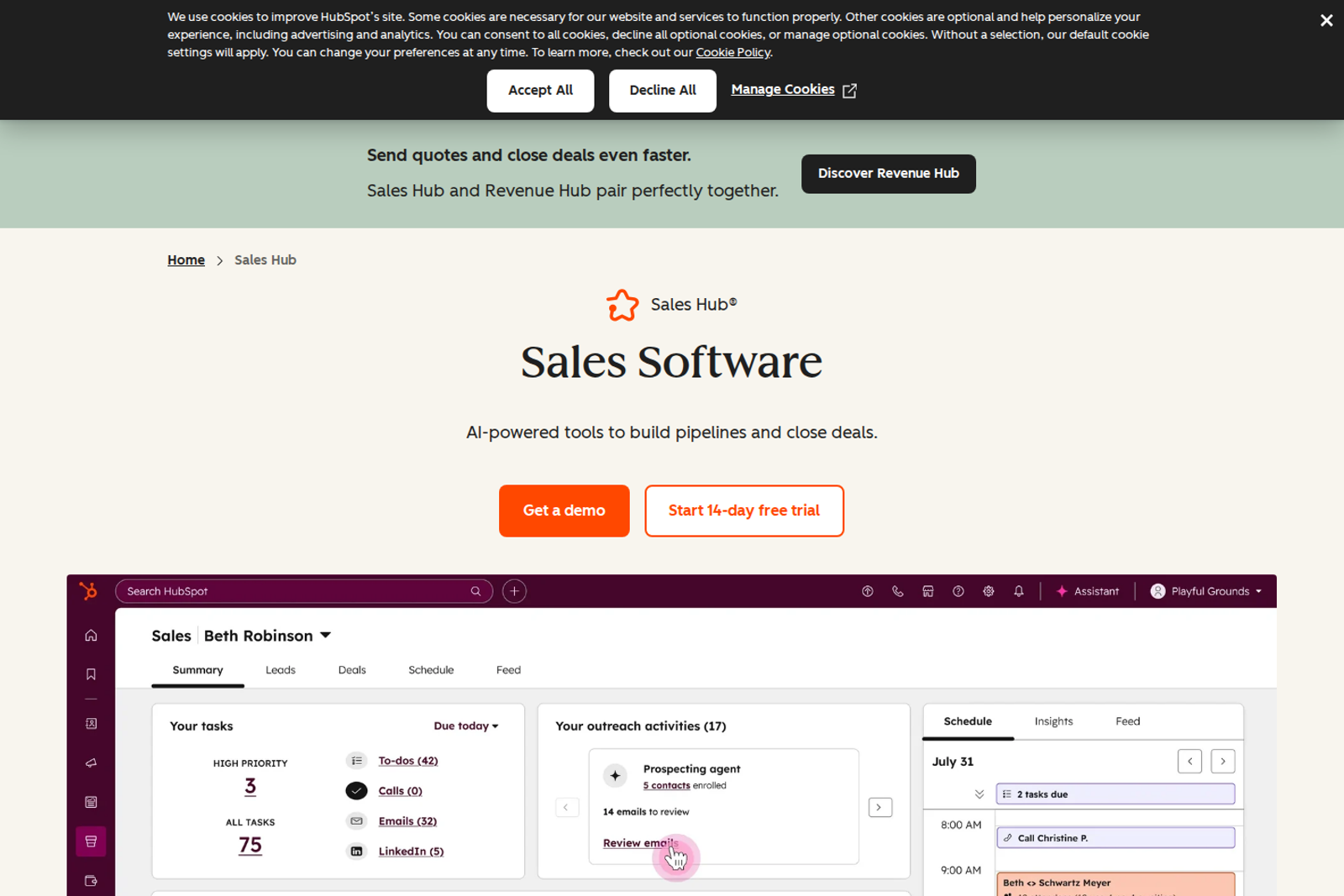 Screenshot of the HubSpot Sales Hub landing page