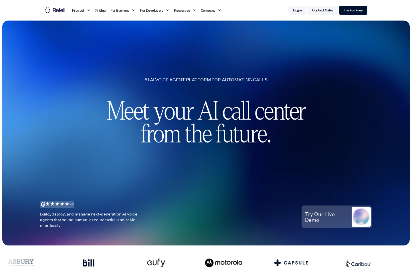 Screenshot of the Retell AI landing page showing AI voice agent platform for automating calls
