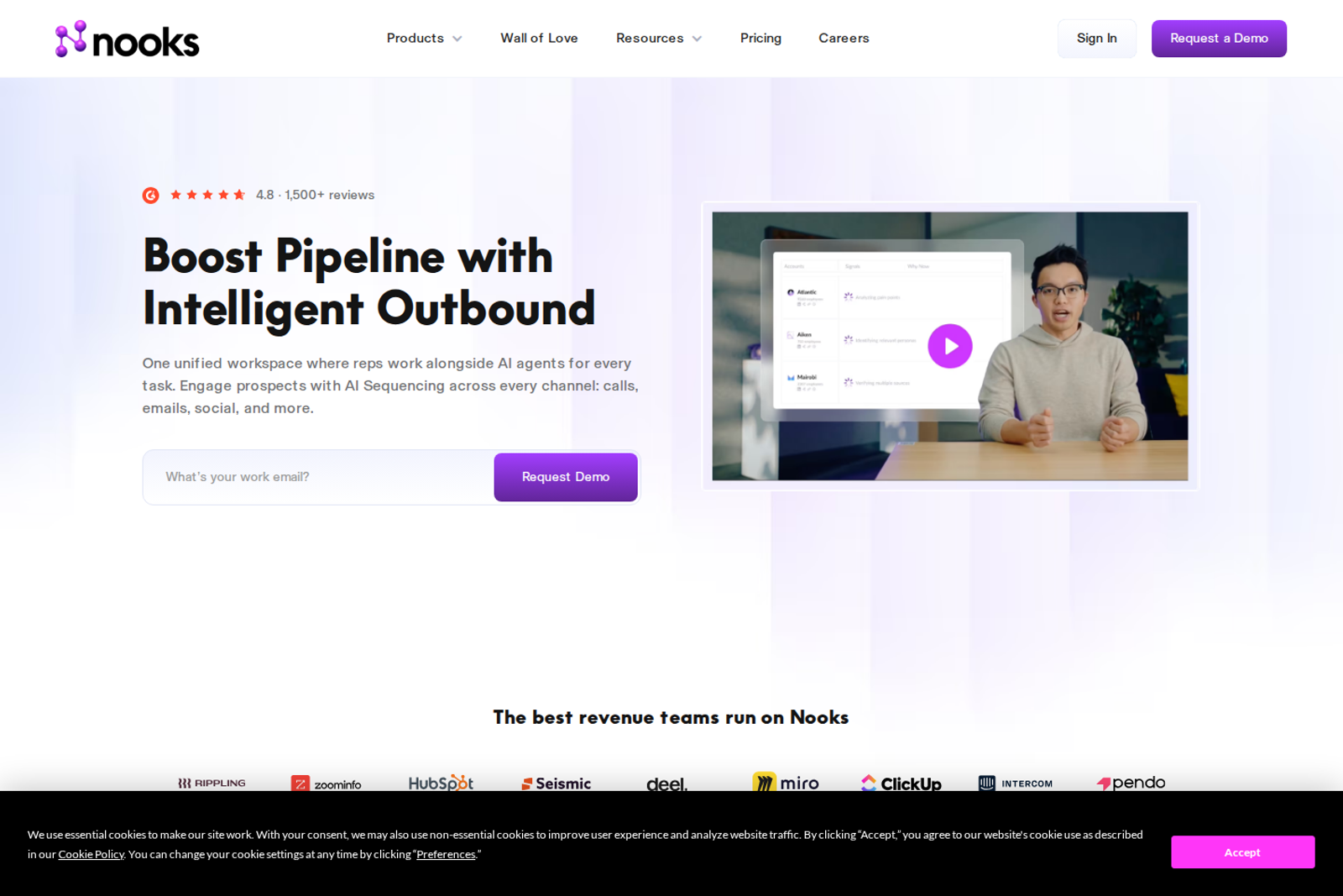 Screenshot of the Nooks landing page