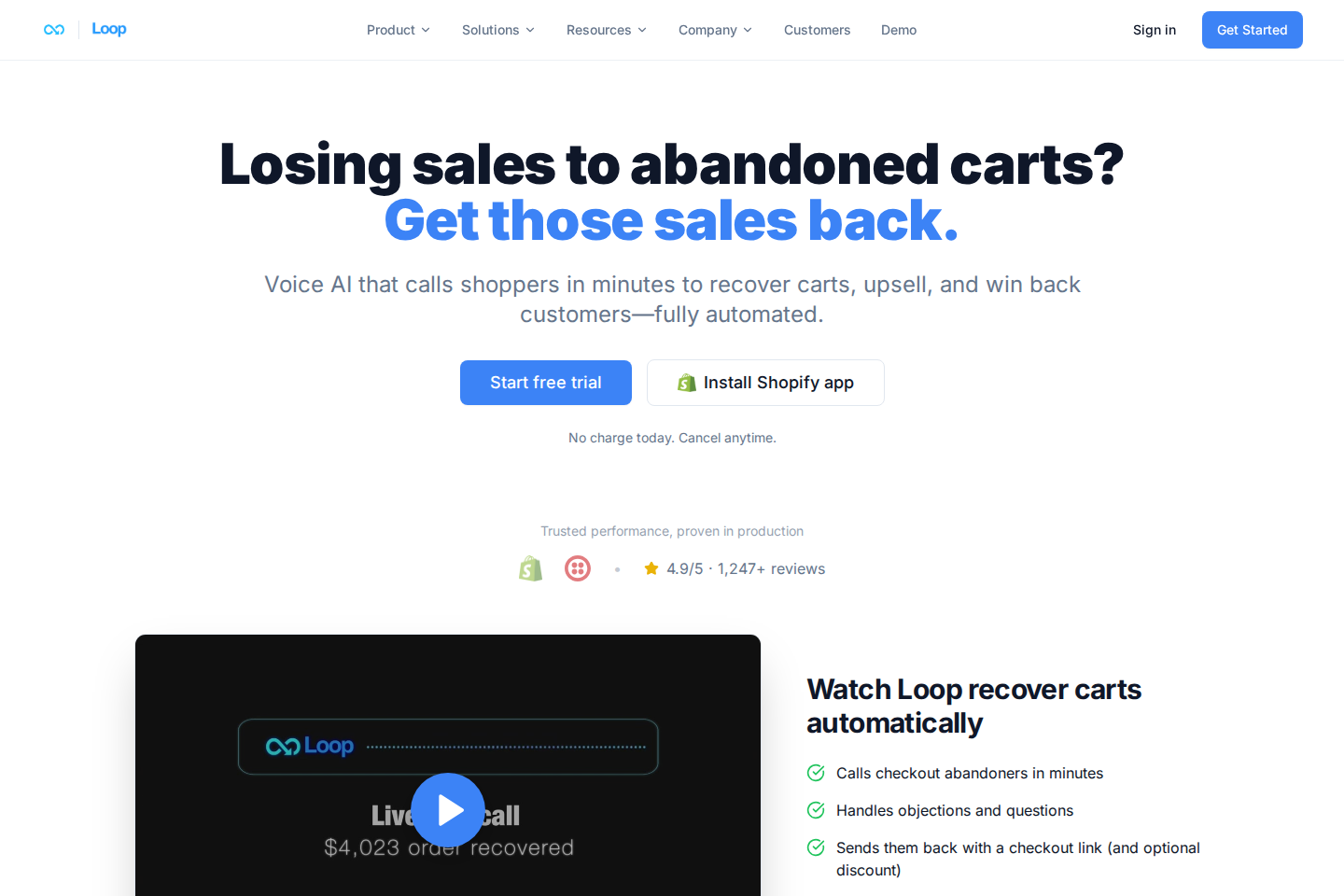 Screenshot of the LoopVoice homepage showing their AI voice agent for Shopify