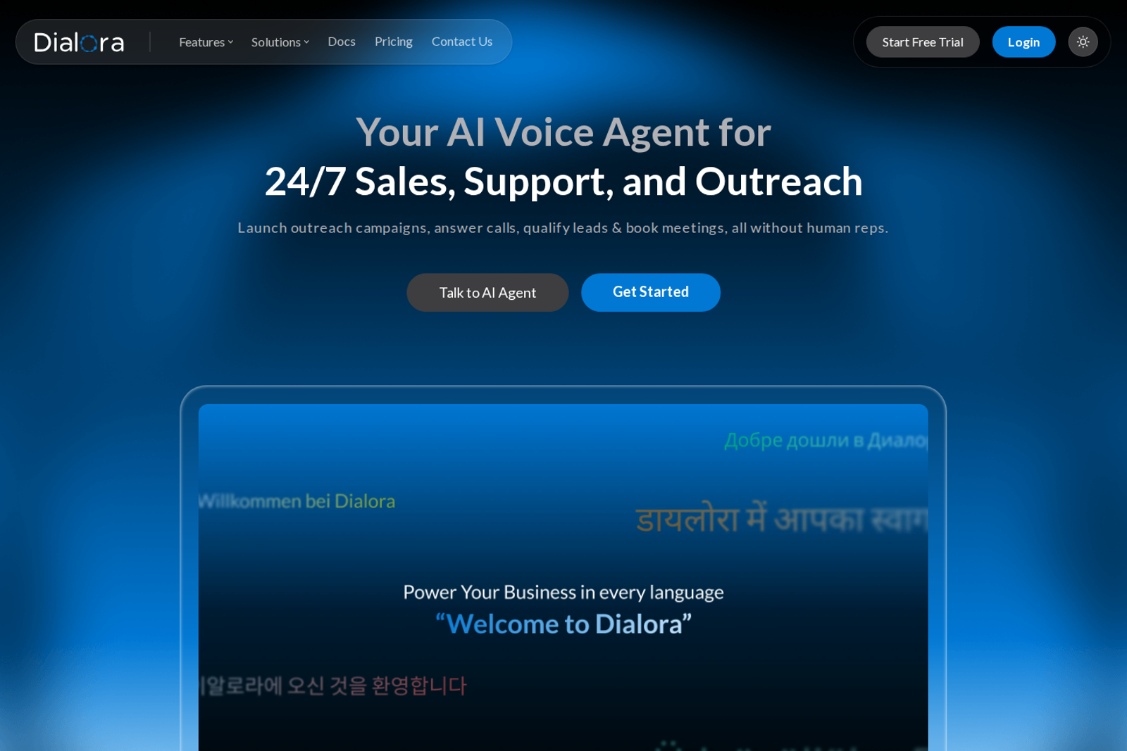 Screenshot of the Dialora website — AI voice agent platform for sales and support