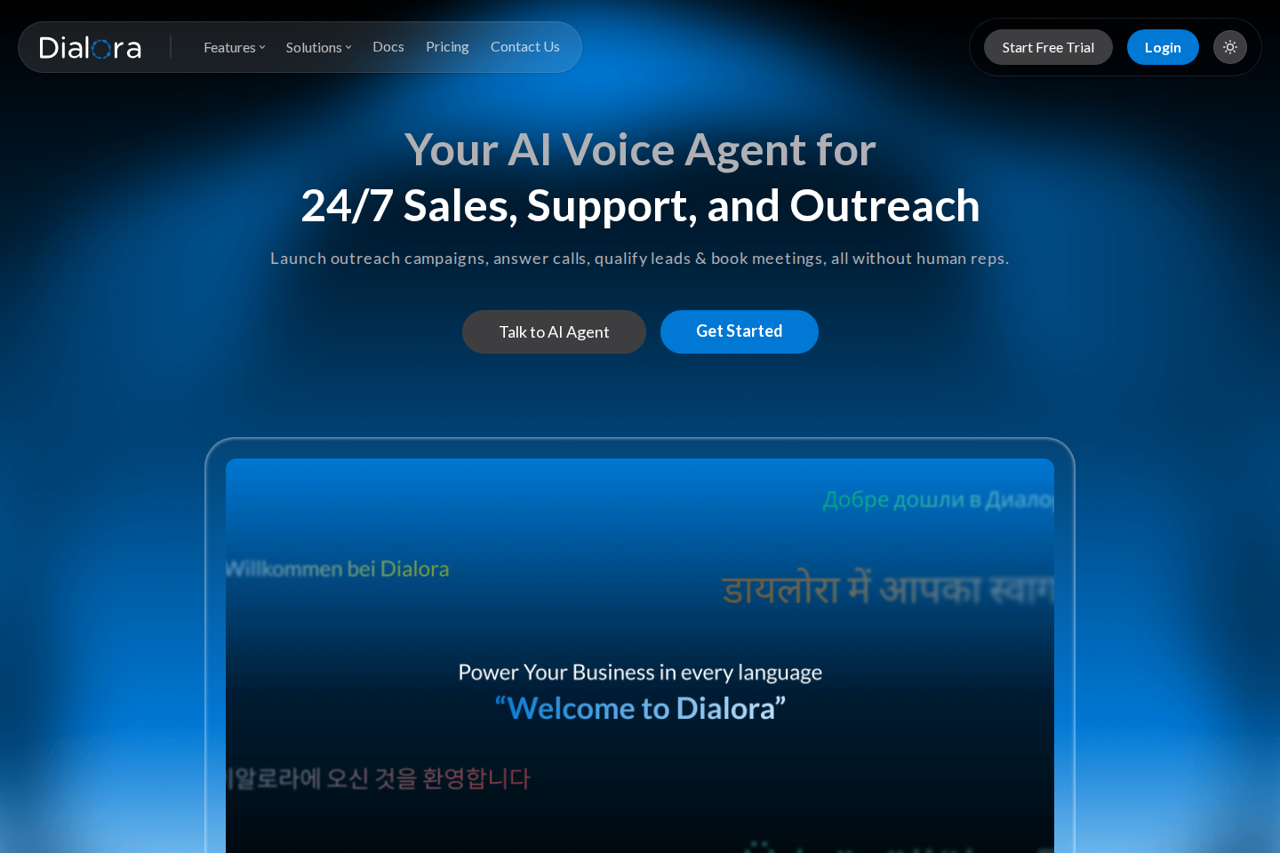 Screenshot of the Dialora website — AI voice agent platform for sales and support