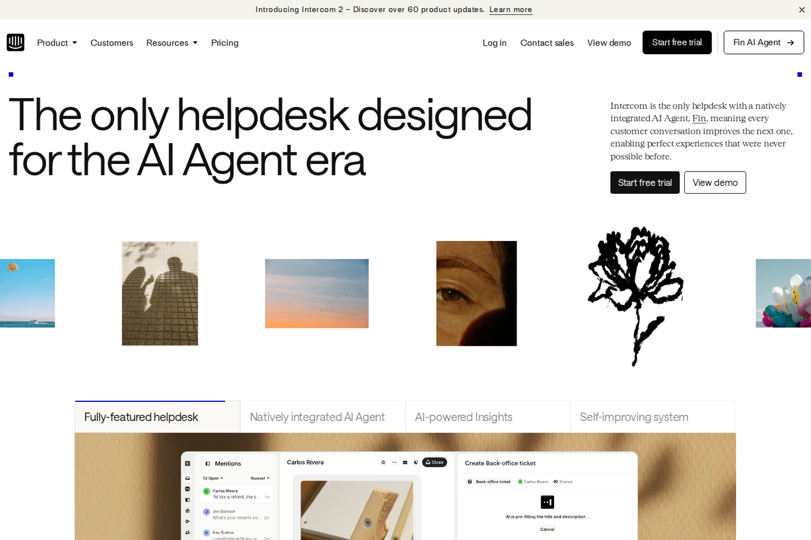 Screenshot of the Intercom homepage