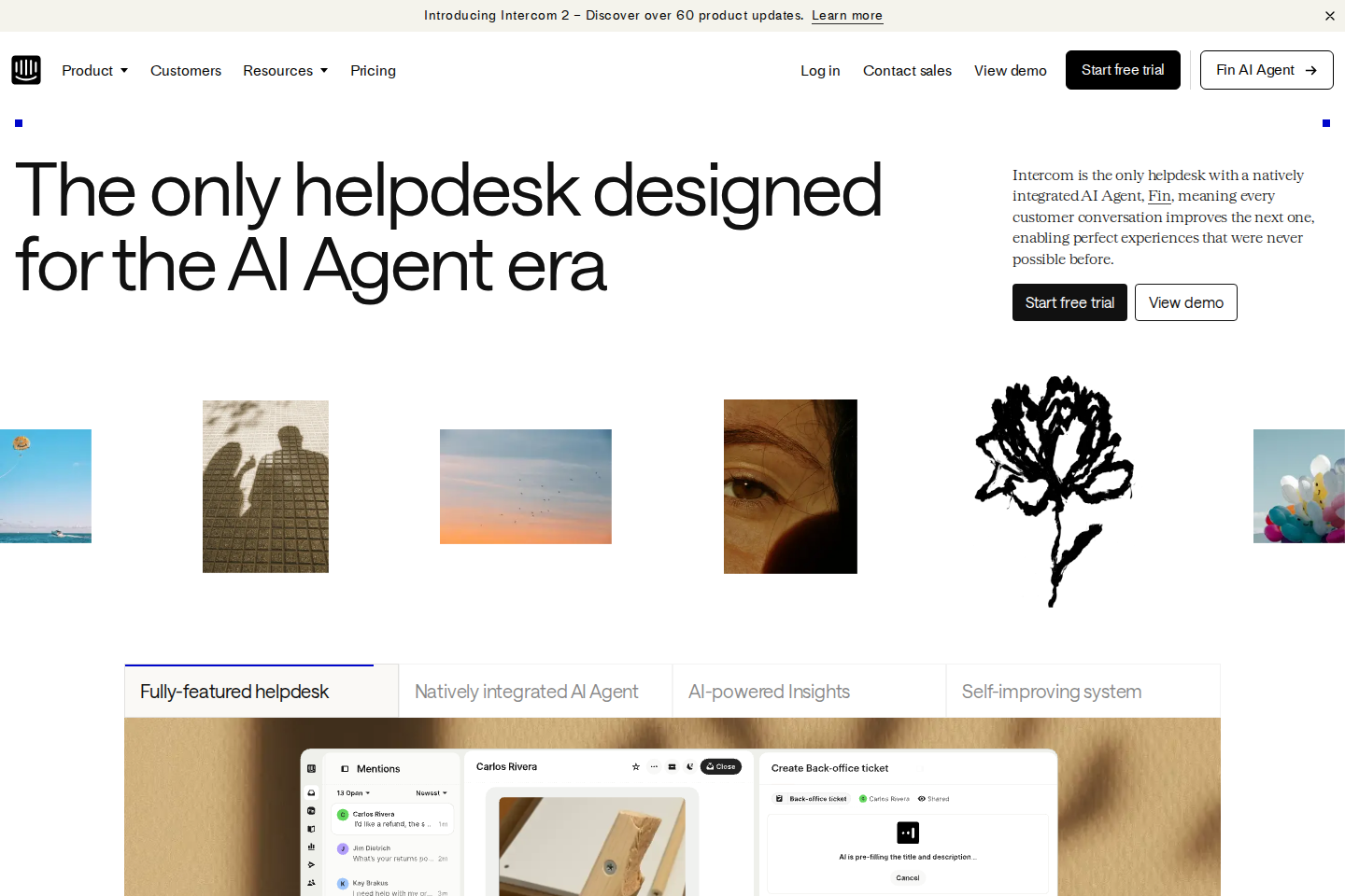 Screenshot of the Intercom homepage