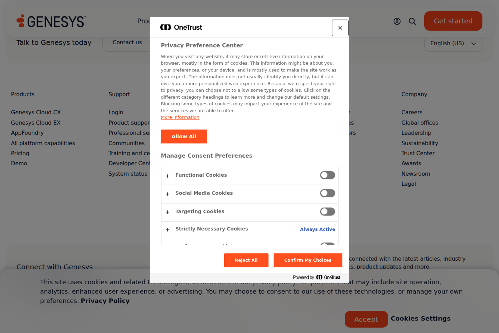 Screenshot of the Genesys homepage