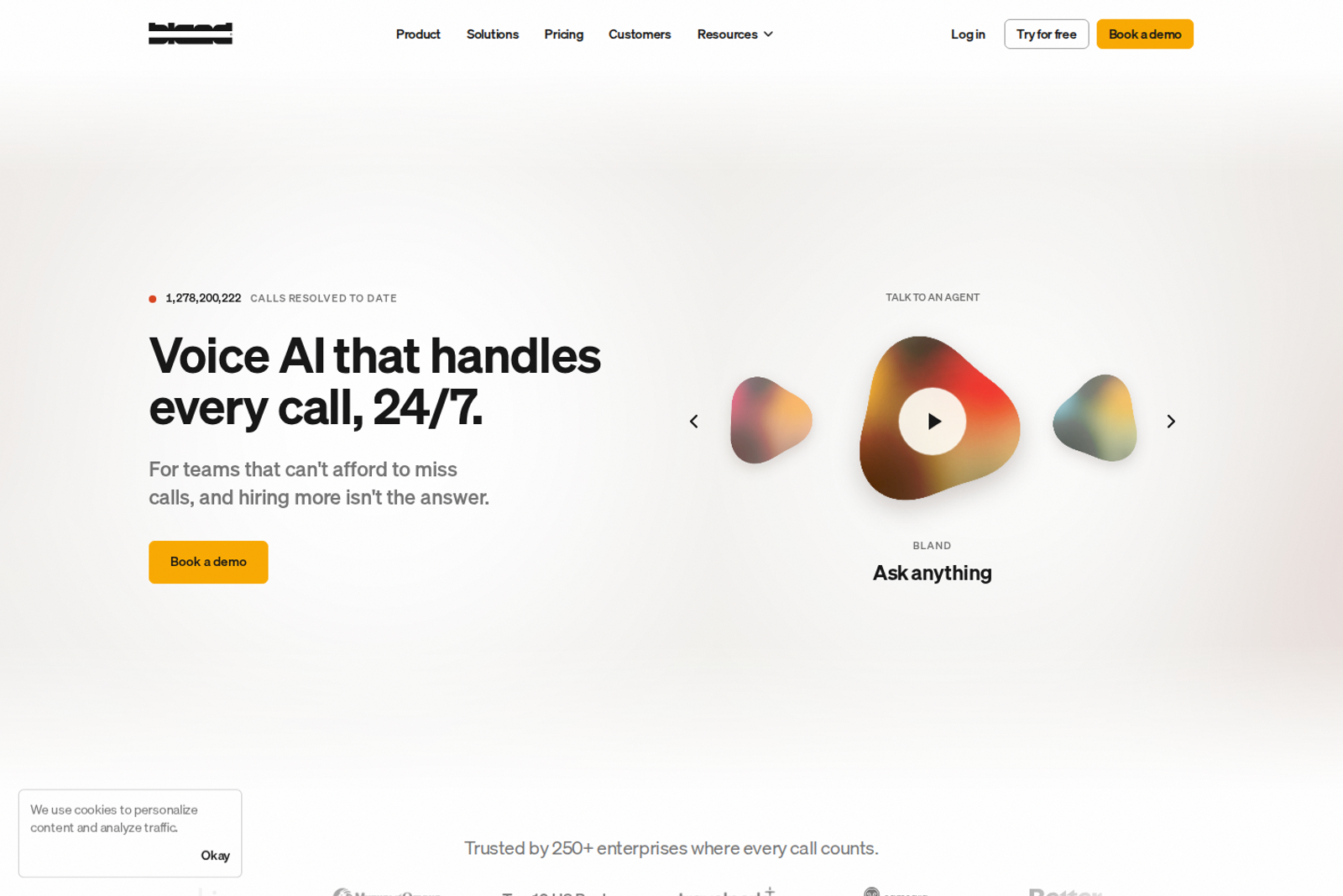 Screenshot of the Bland AI landing page showing programmable voice AI platform