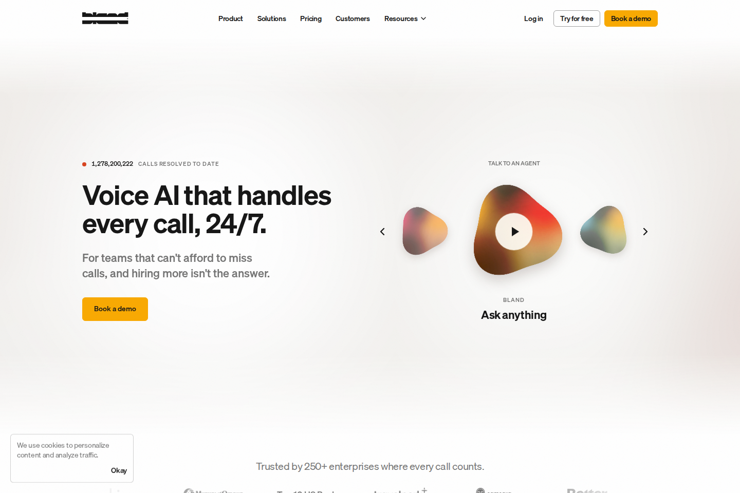 Screenshot of the Bland AI landing page showing programmable voice AI platform