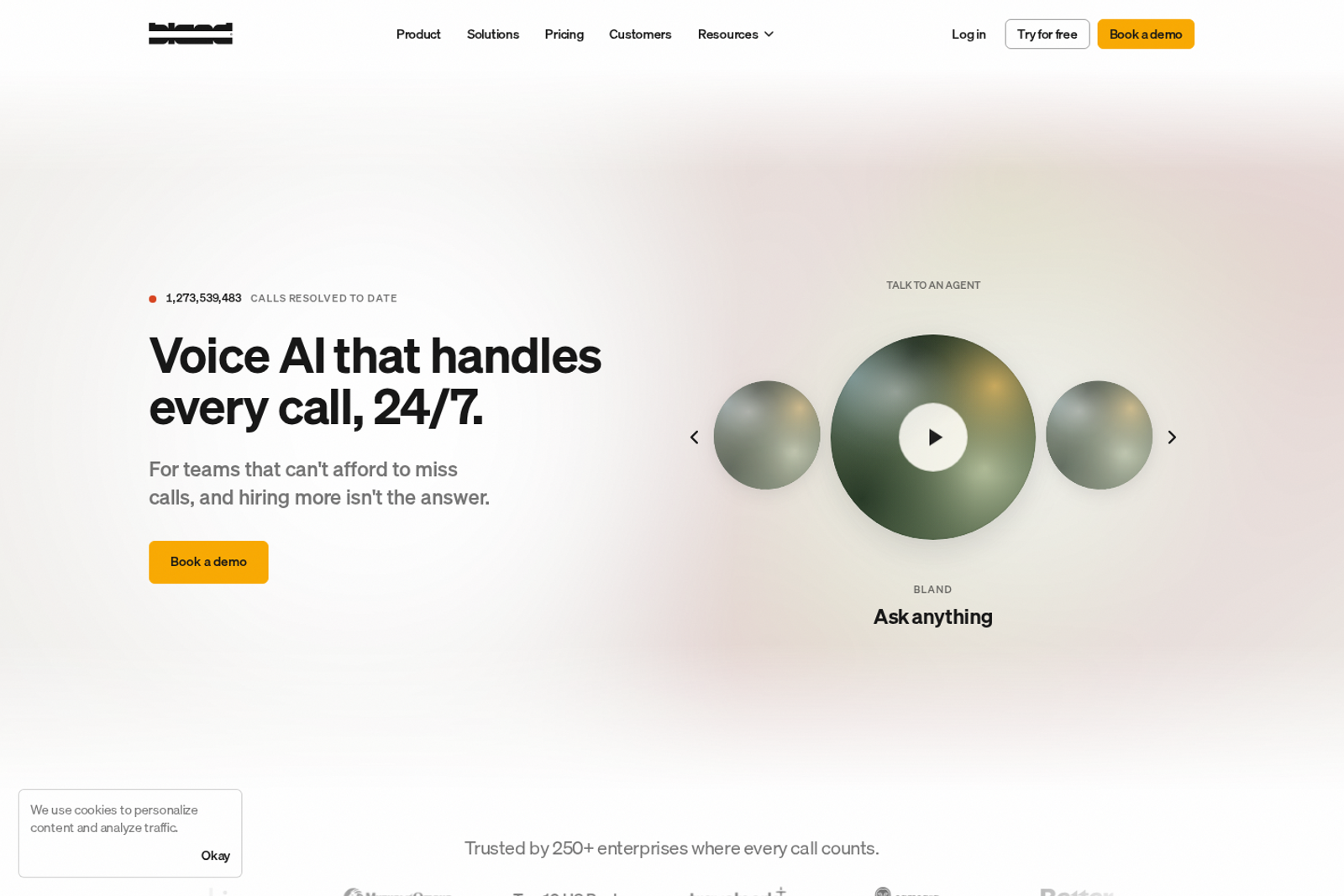 Screenshot of the Bland AI homepage