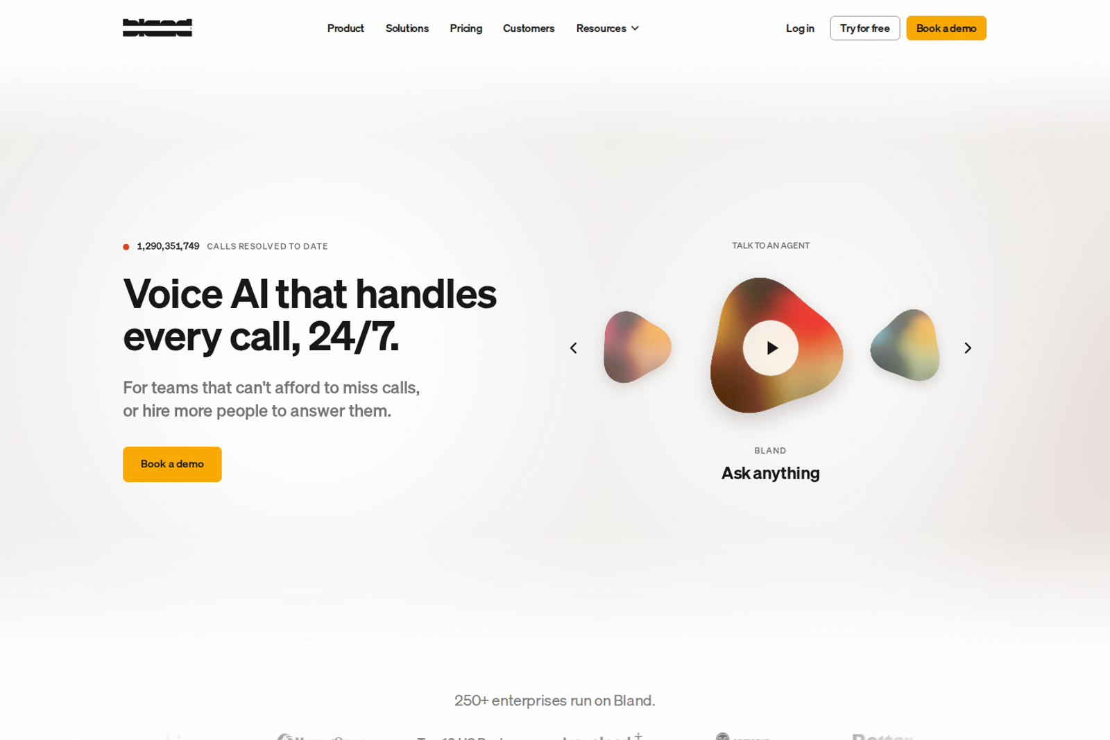 Screenshot of the Bland AI homepage