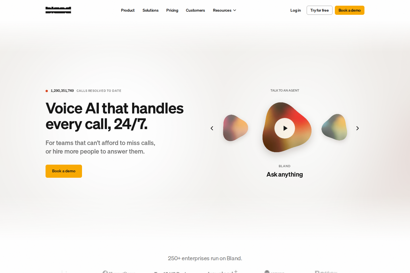 Screenshot of the Bland AI homepage