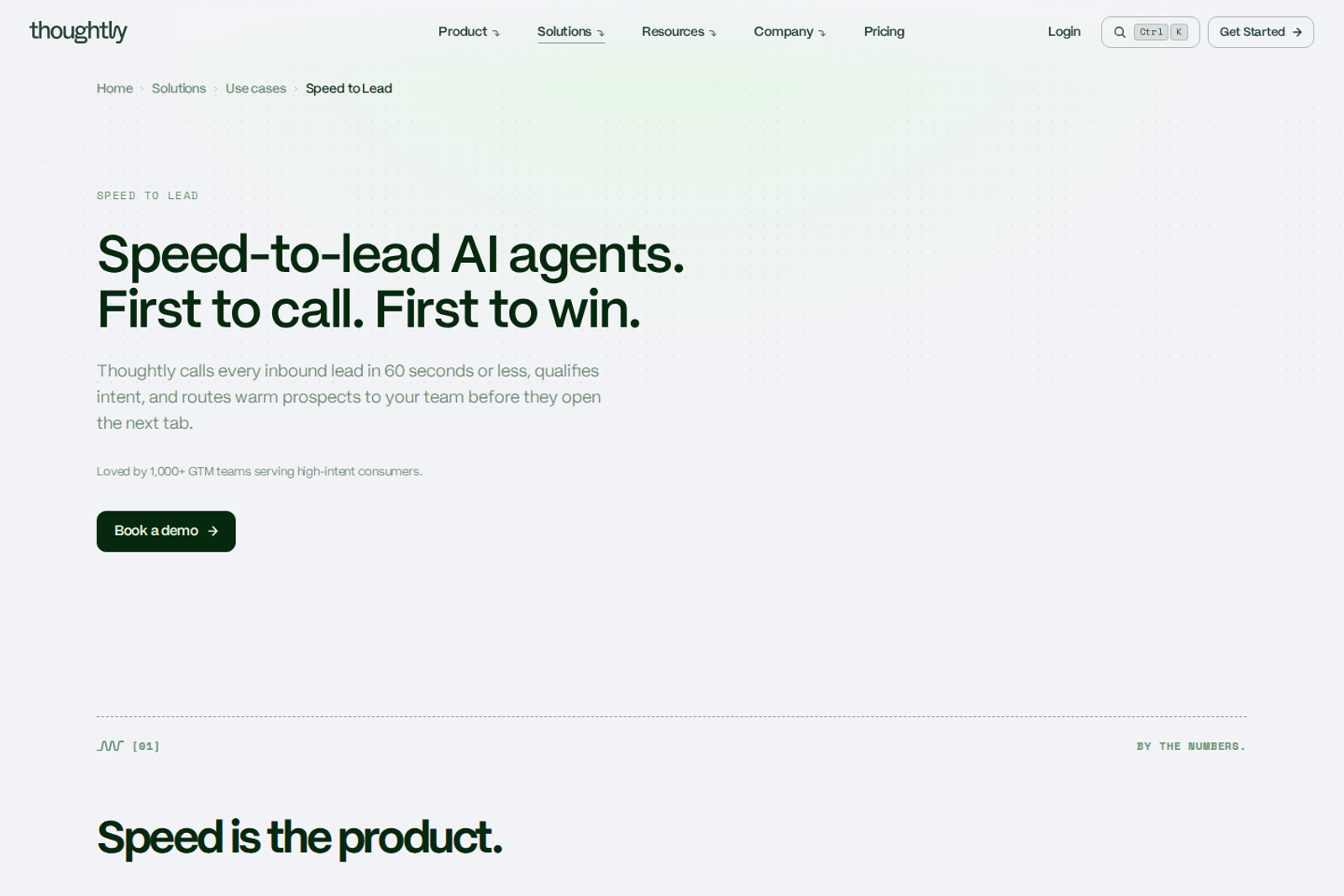 Screenshot of the Thoughtly speed-to-lead solutions page