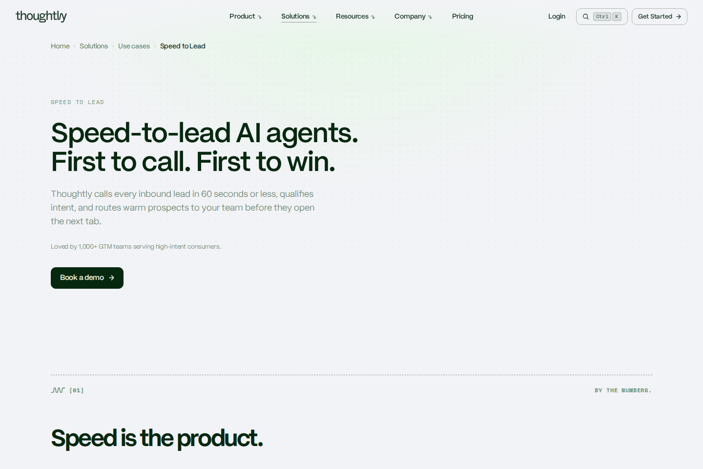 Screenshot of the Thoughtly speed-to-lead solutions page