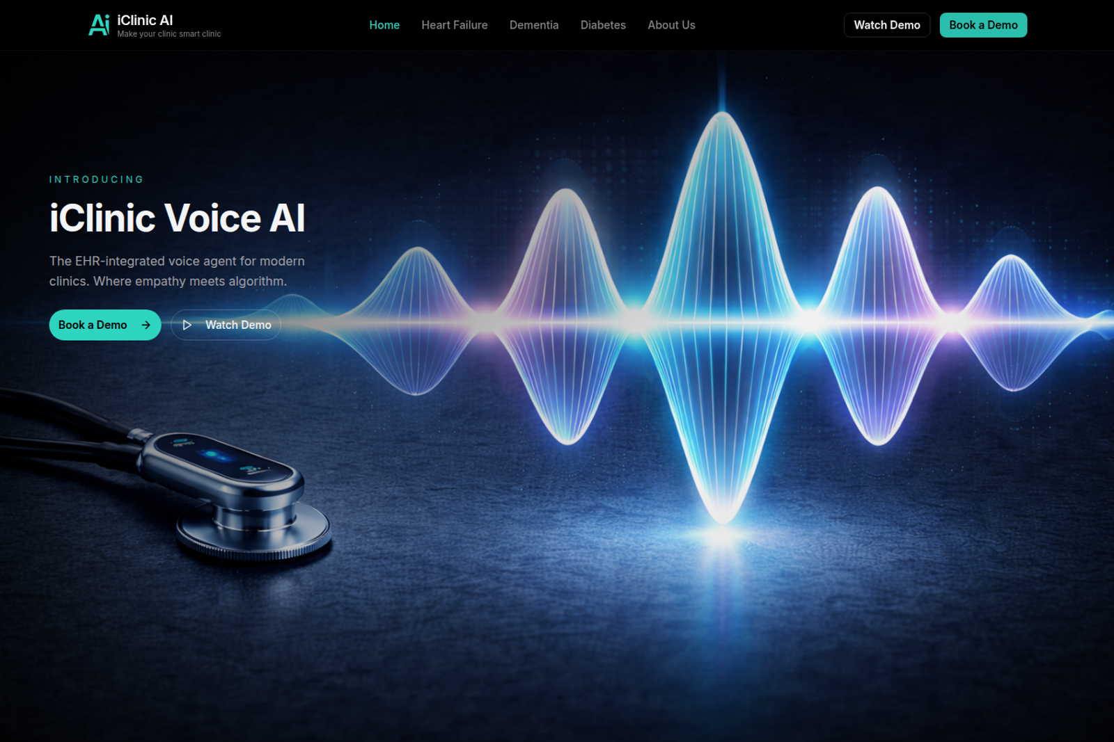 Screenshot of the iClinic AI healthcare voice agent page