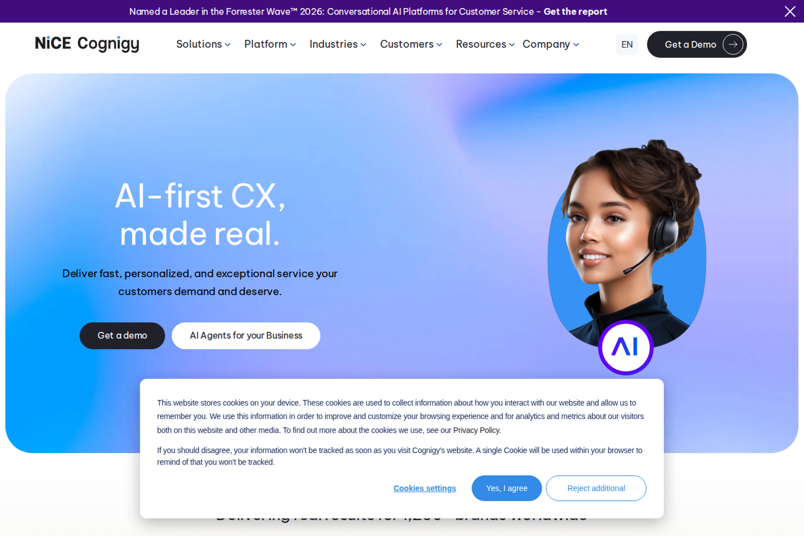 Screenshot of the Cognigy landing page