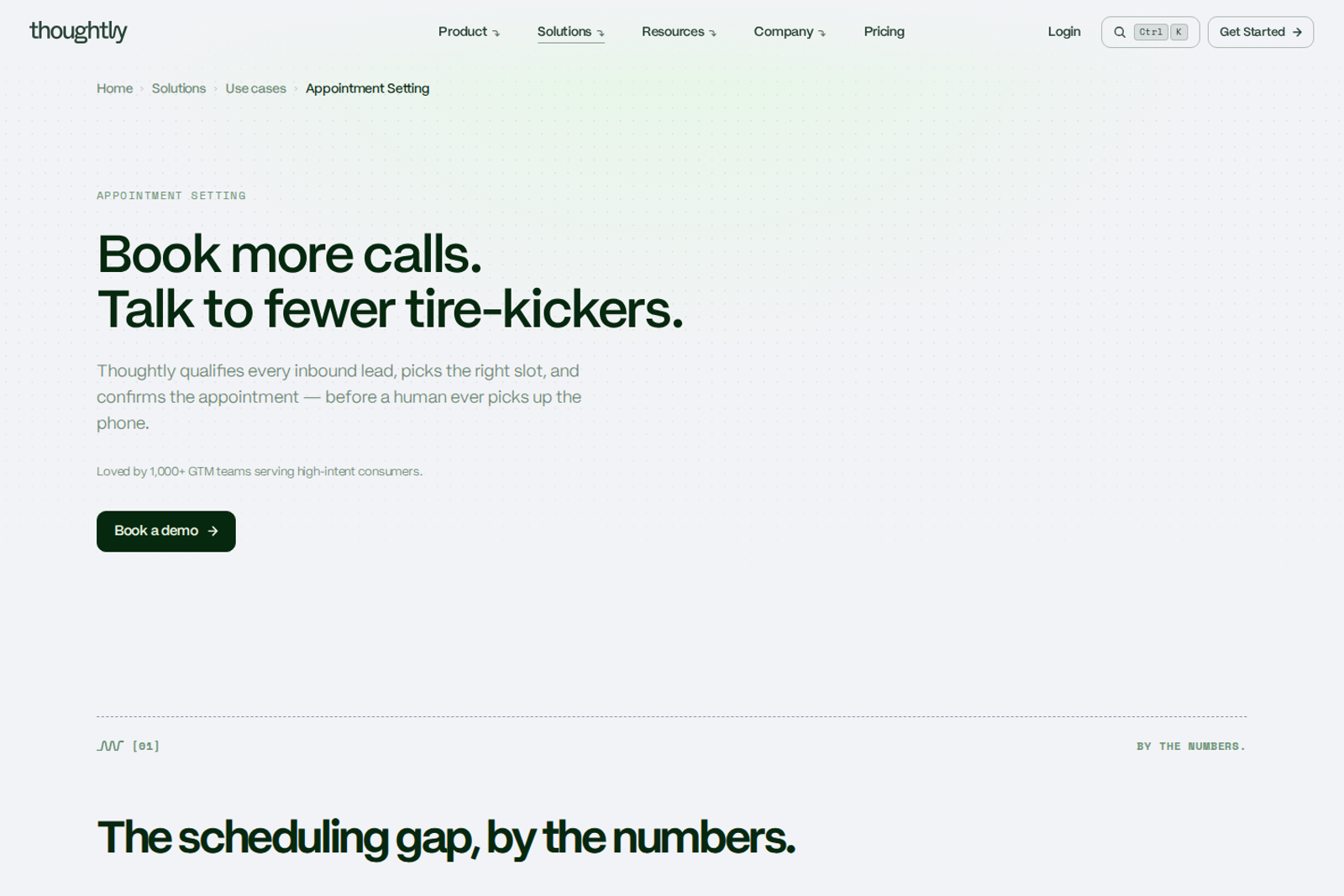 Screenshot of the Thoughtly appointment setting solutions page