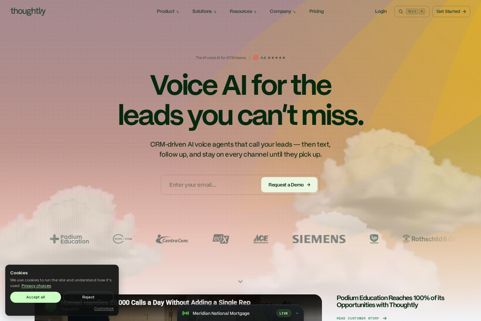 Screenshot of the Thoughtly homepage