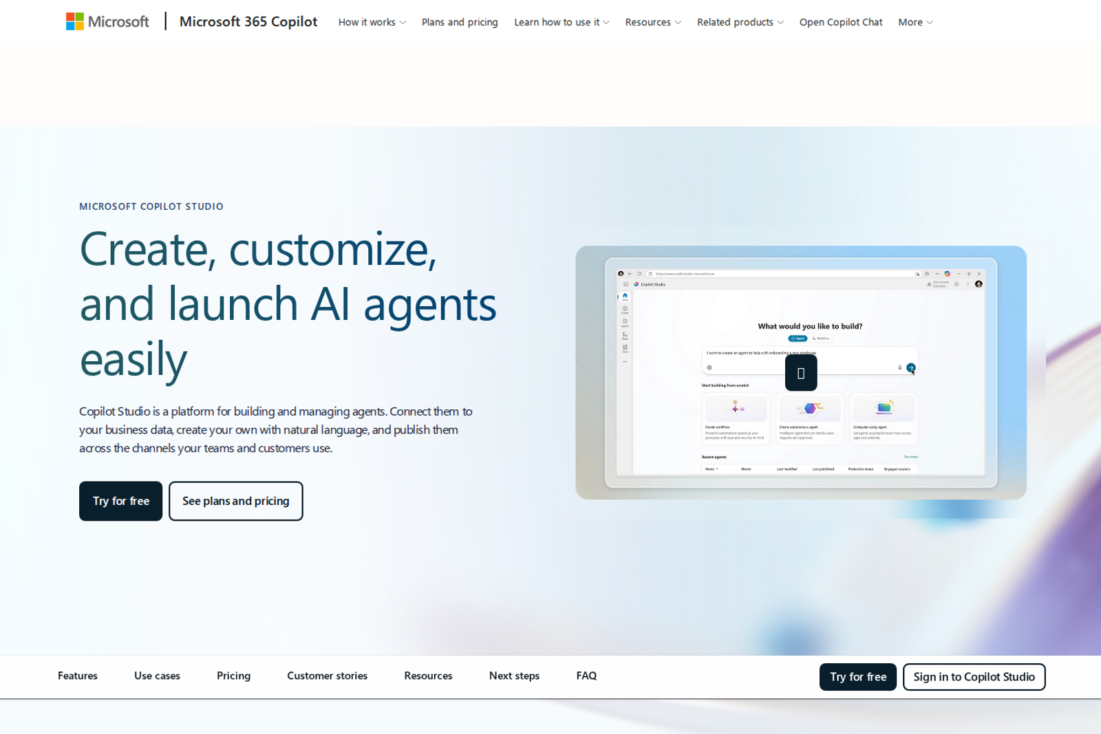 Screenshot of the Microsoft Copilot Studio page