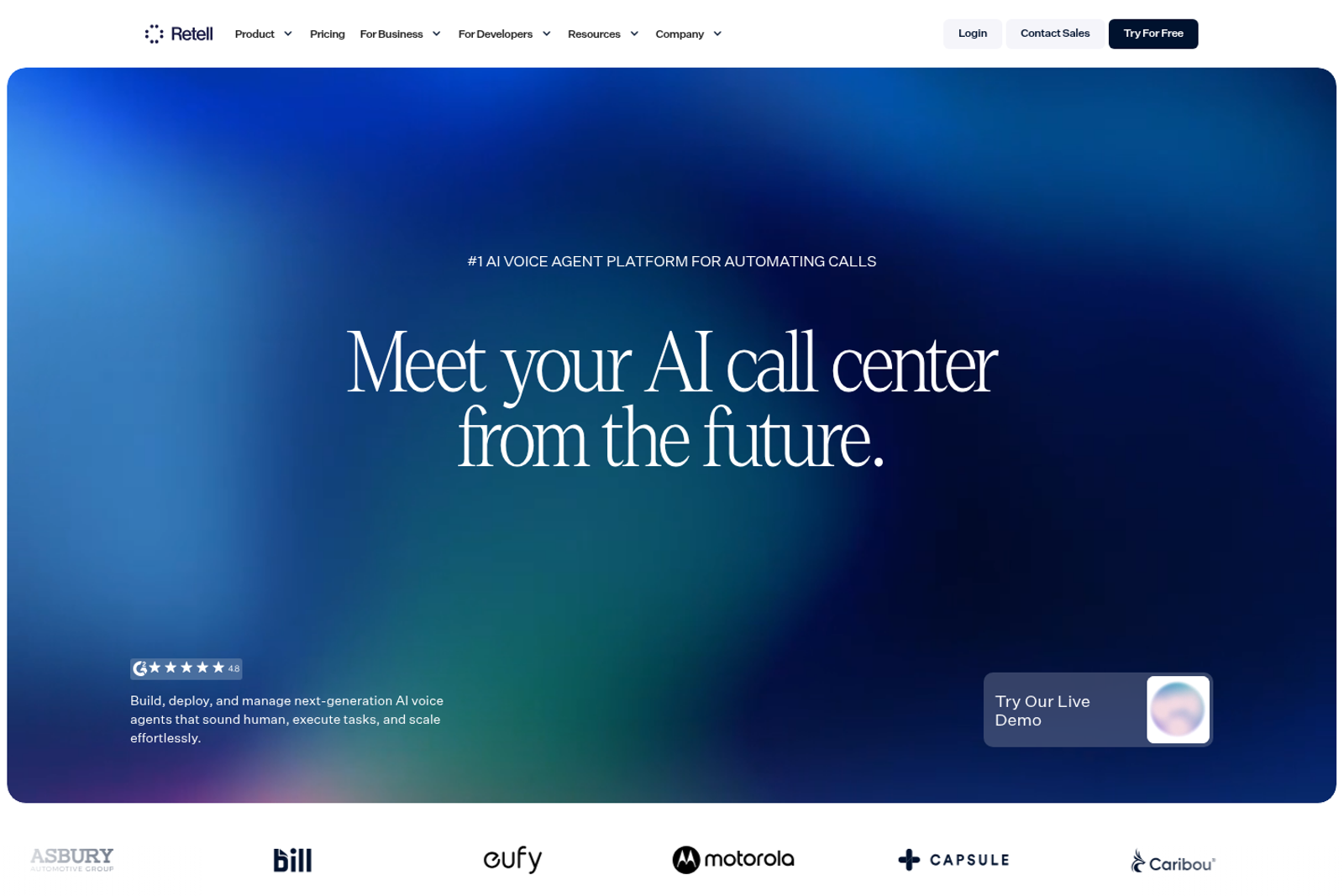 Screenshot of the Retell AI landing page