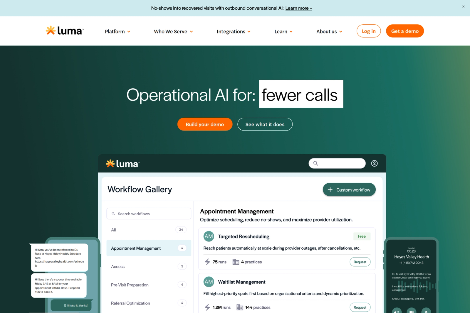 Screenshot of the Luma Health landing page