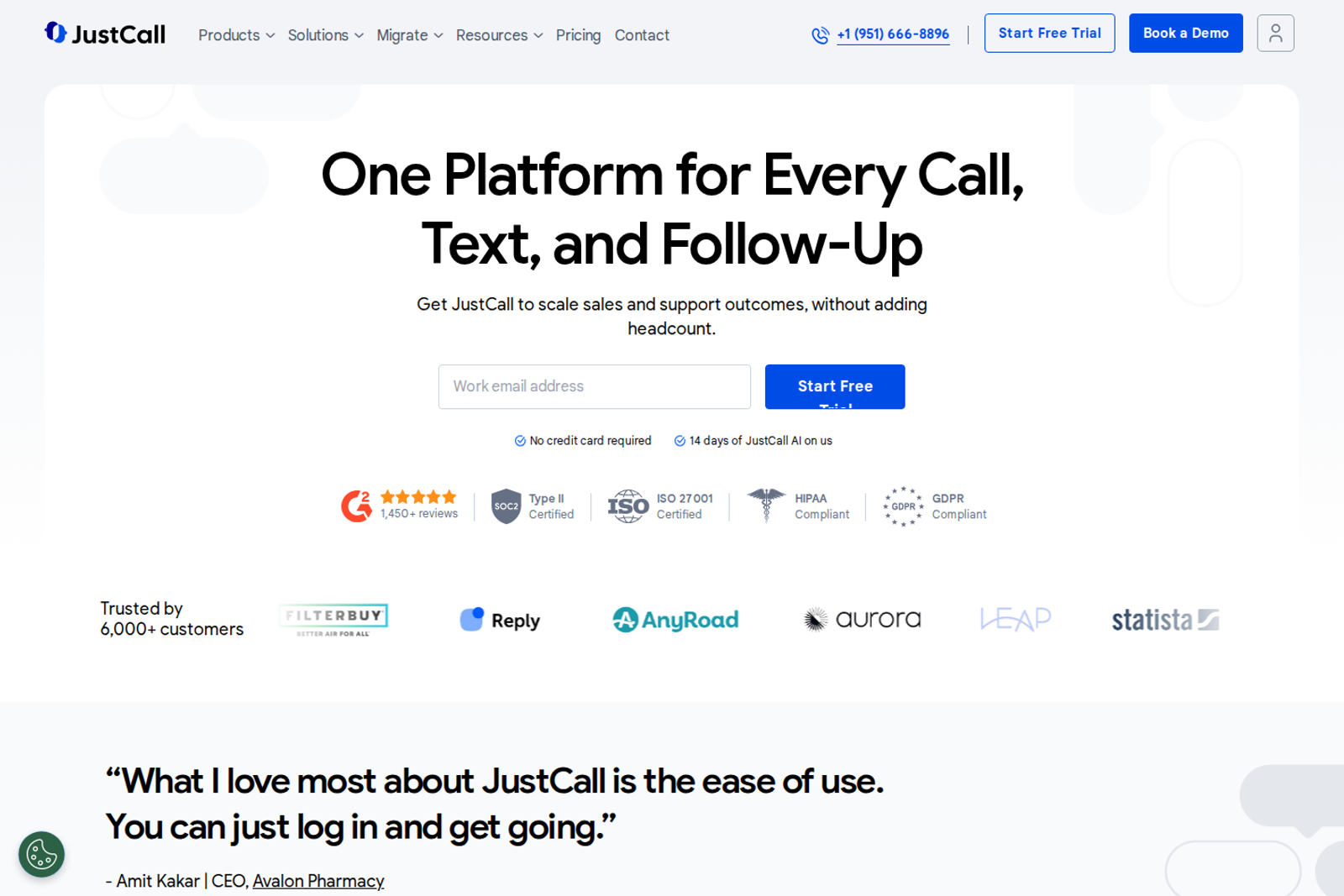 Screenshot of the JustCall landing page