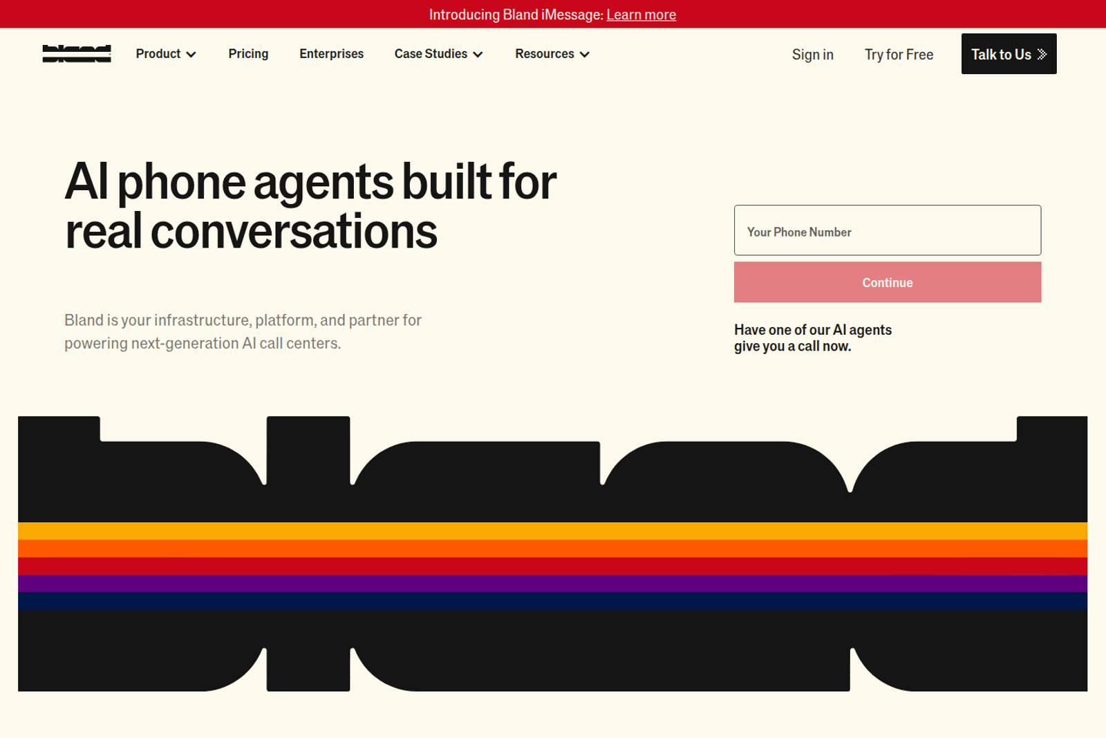 Screenshot of the Bland AI landing page