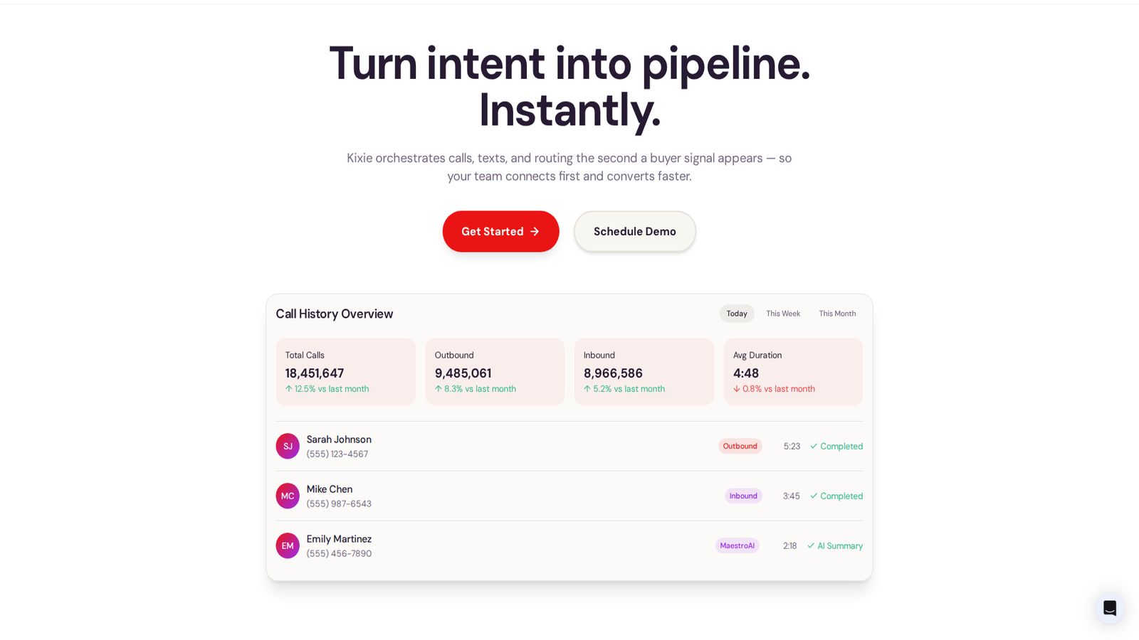 Screenshot of the Kixie homepage