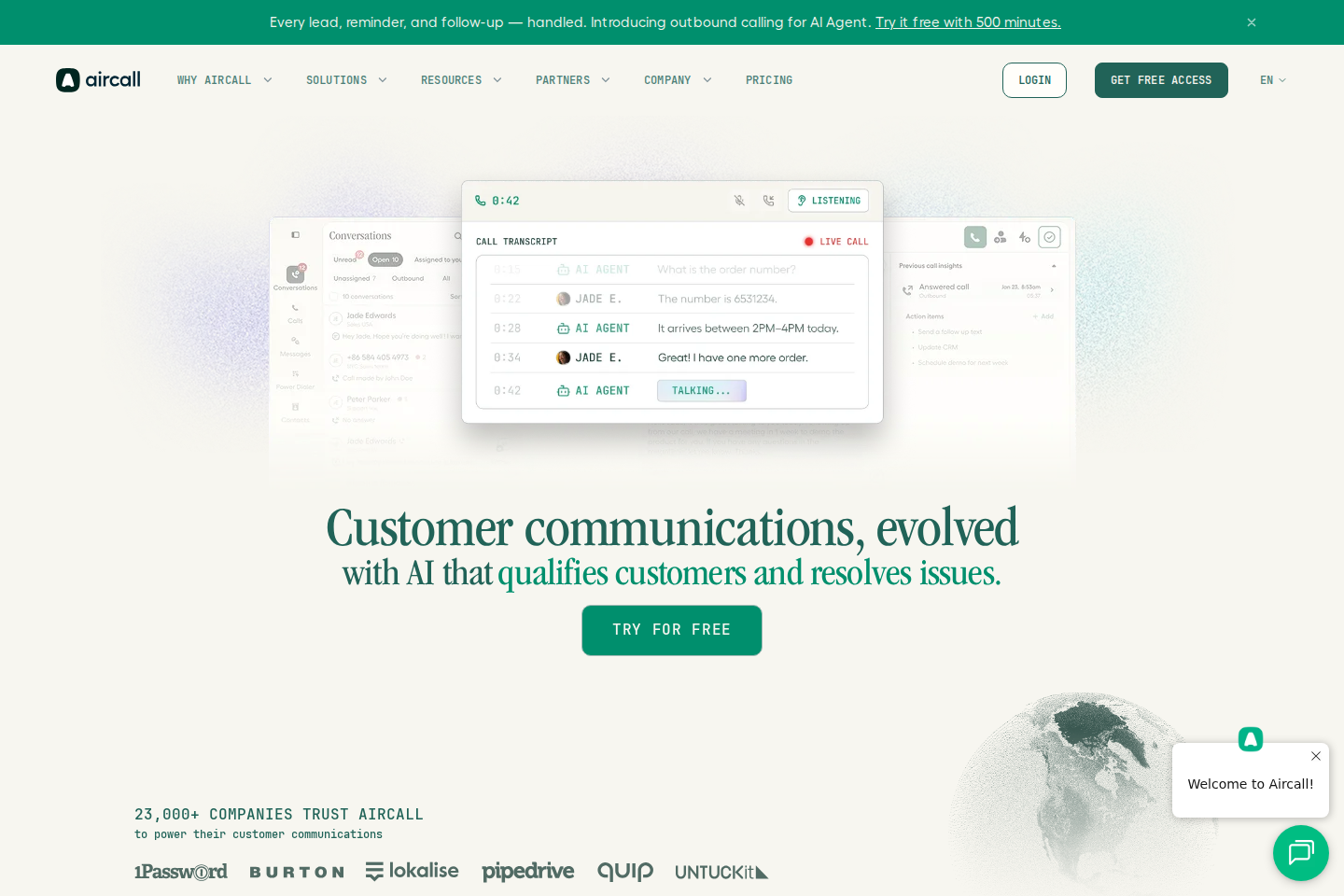 Screenshot of the Aircall landing page