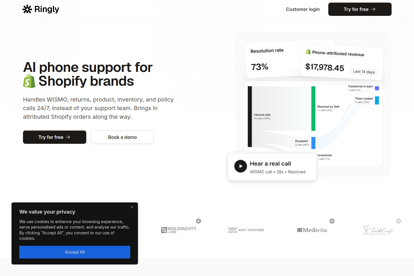Screenshot of the Ringly.io landing page