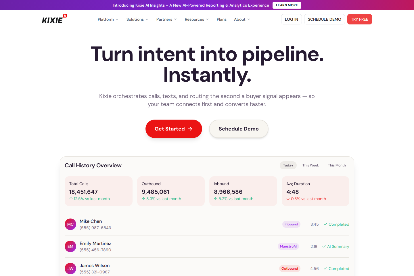 Screenshot of the Kixie landing page