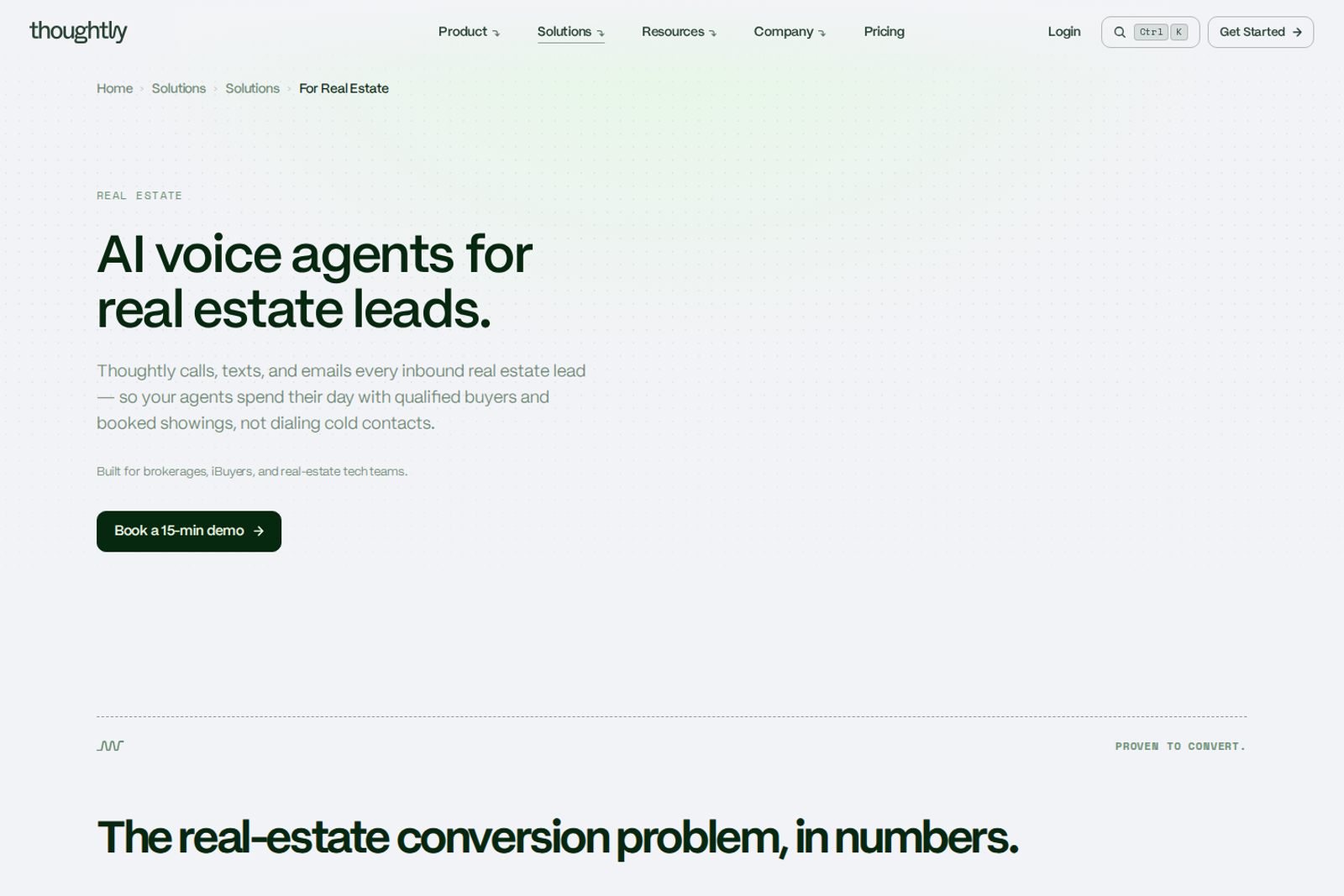 Screenshot of the Thoughtly real estate solutions landing page