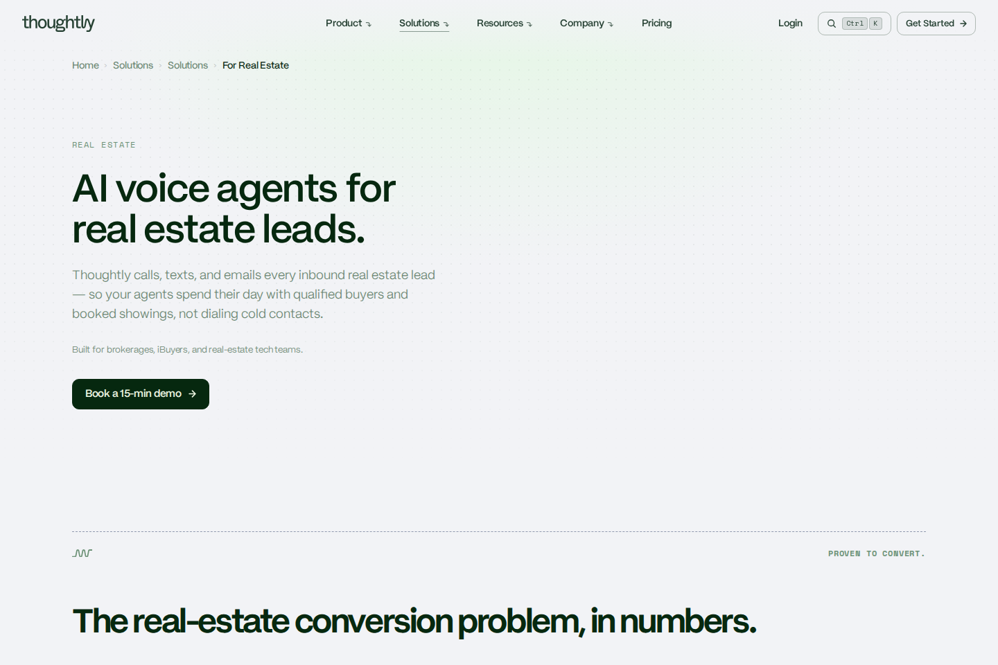 Screenshot of the Thoughtly real estate solutions landing page