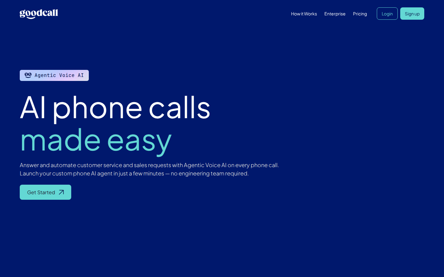 Screenshot of the Goodcall homepage