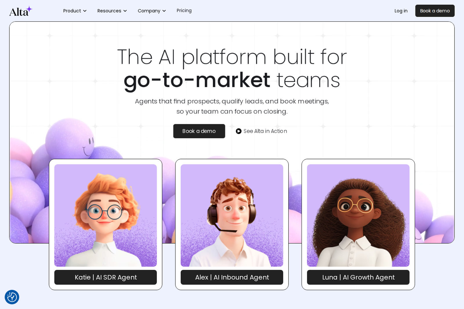 Screenshot of the Alta homepage