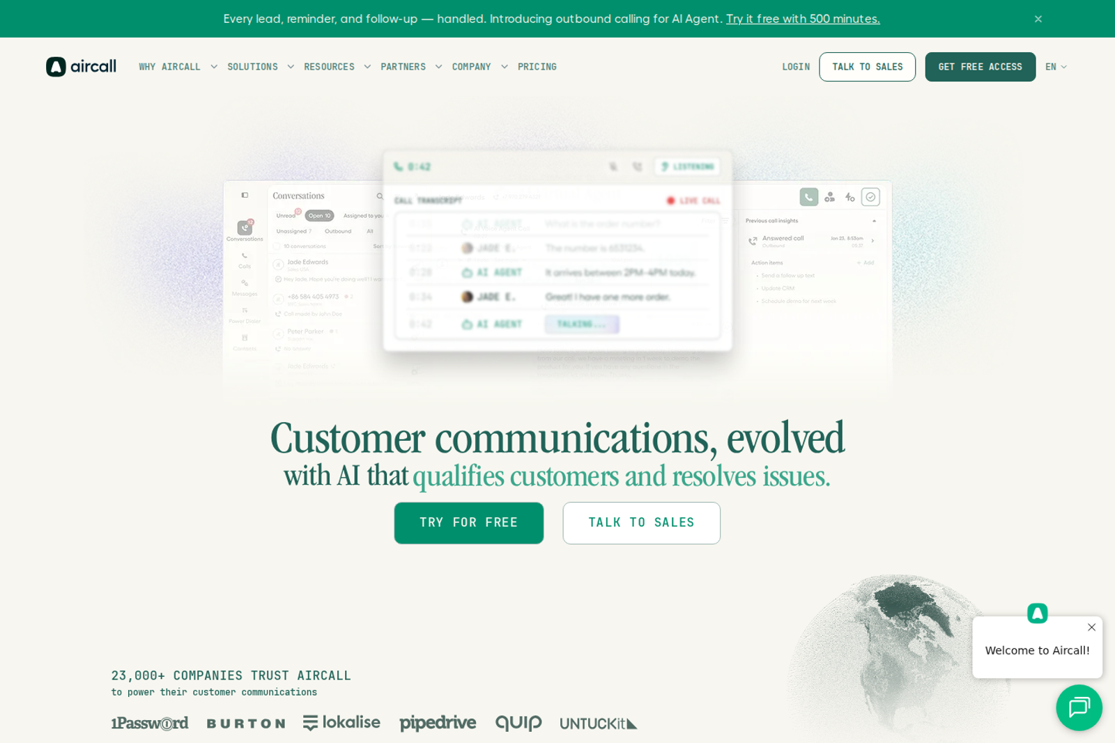 Screenshot of the Aircall landing page