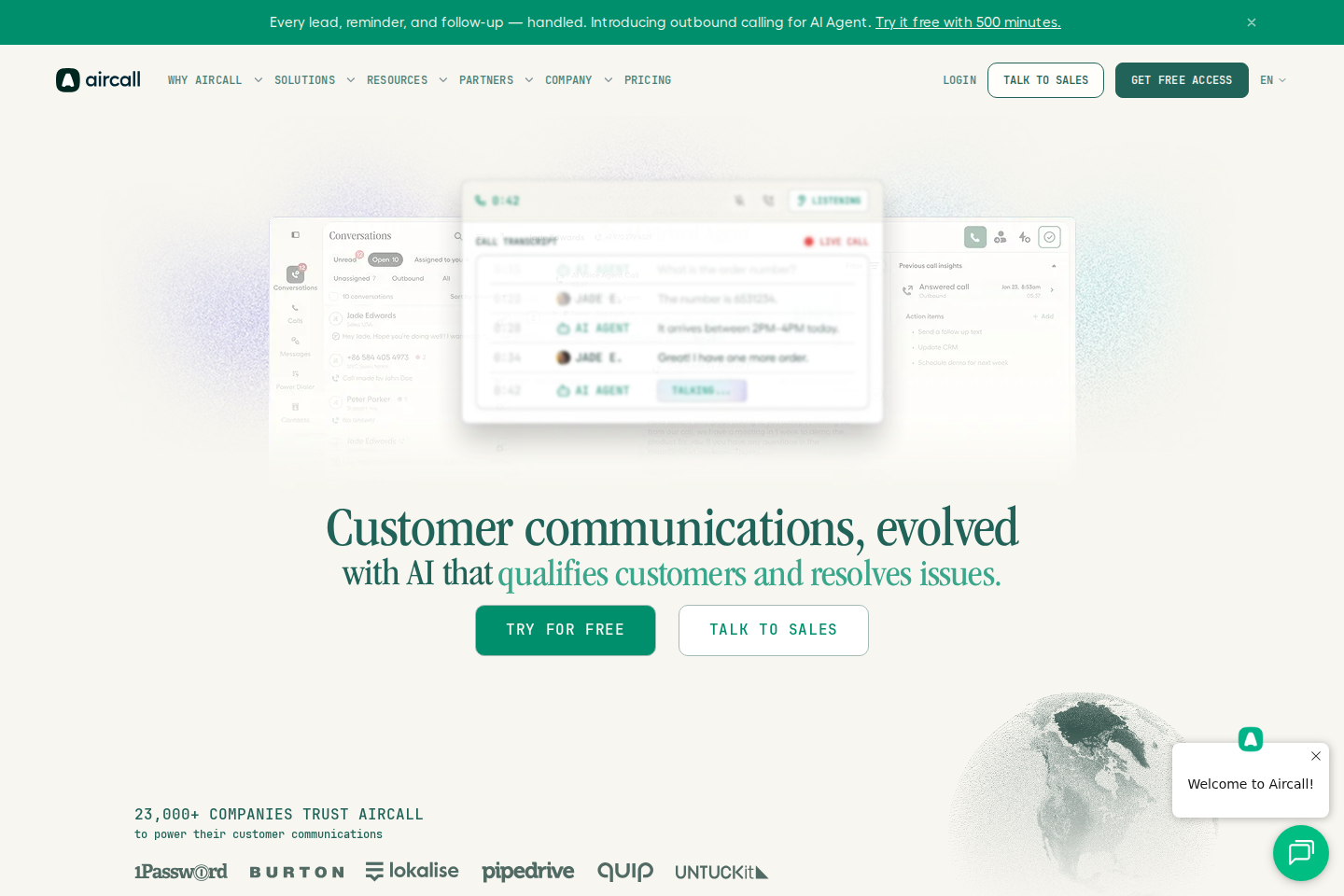 Screenshot of the Aircall landing page