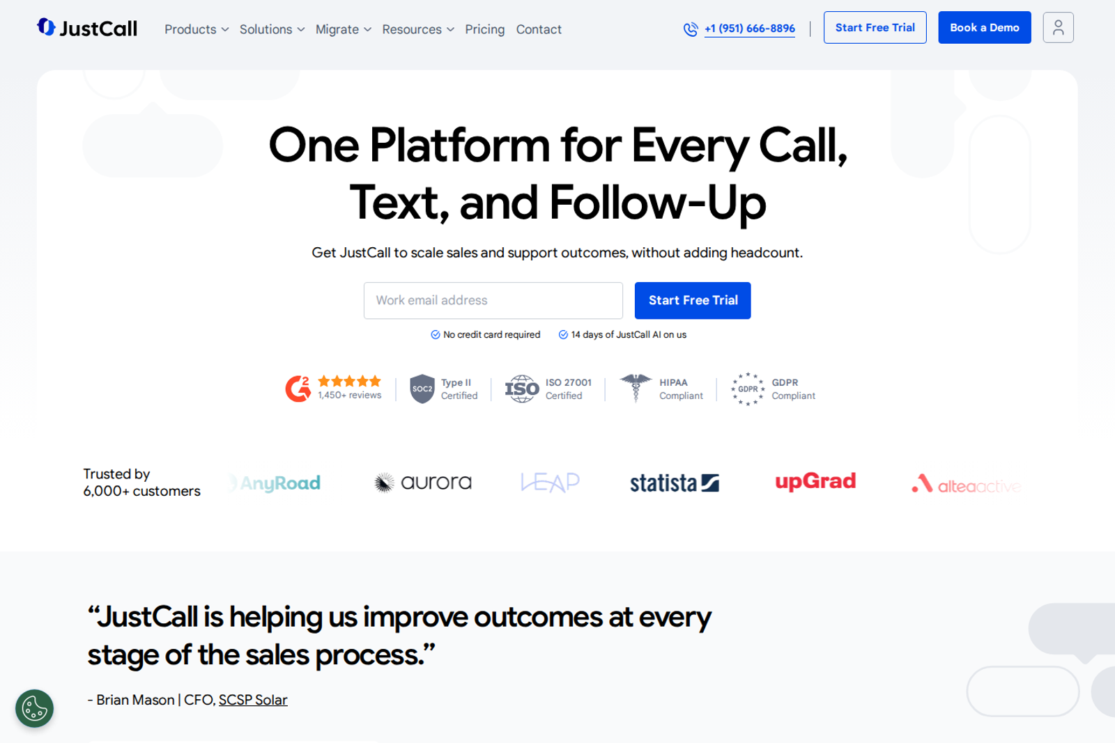 Screenshot of the JustCall landing page