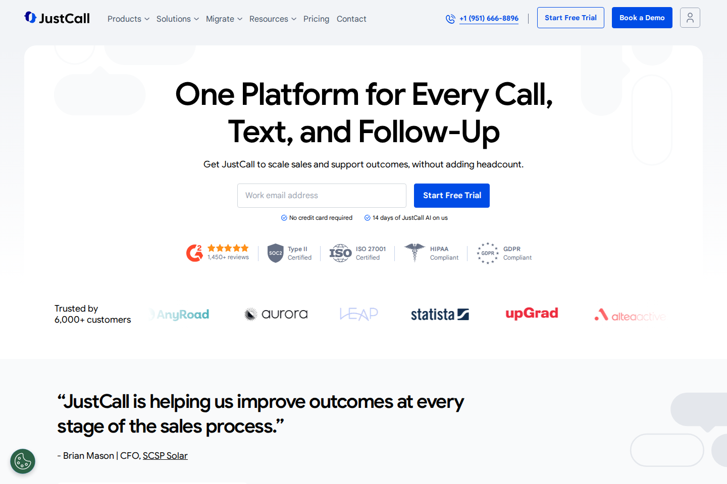 Screenshot of the JustCall landing page