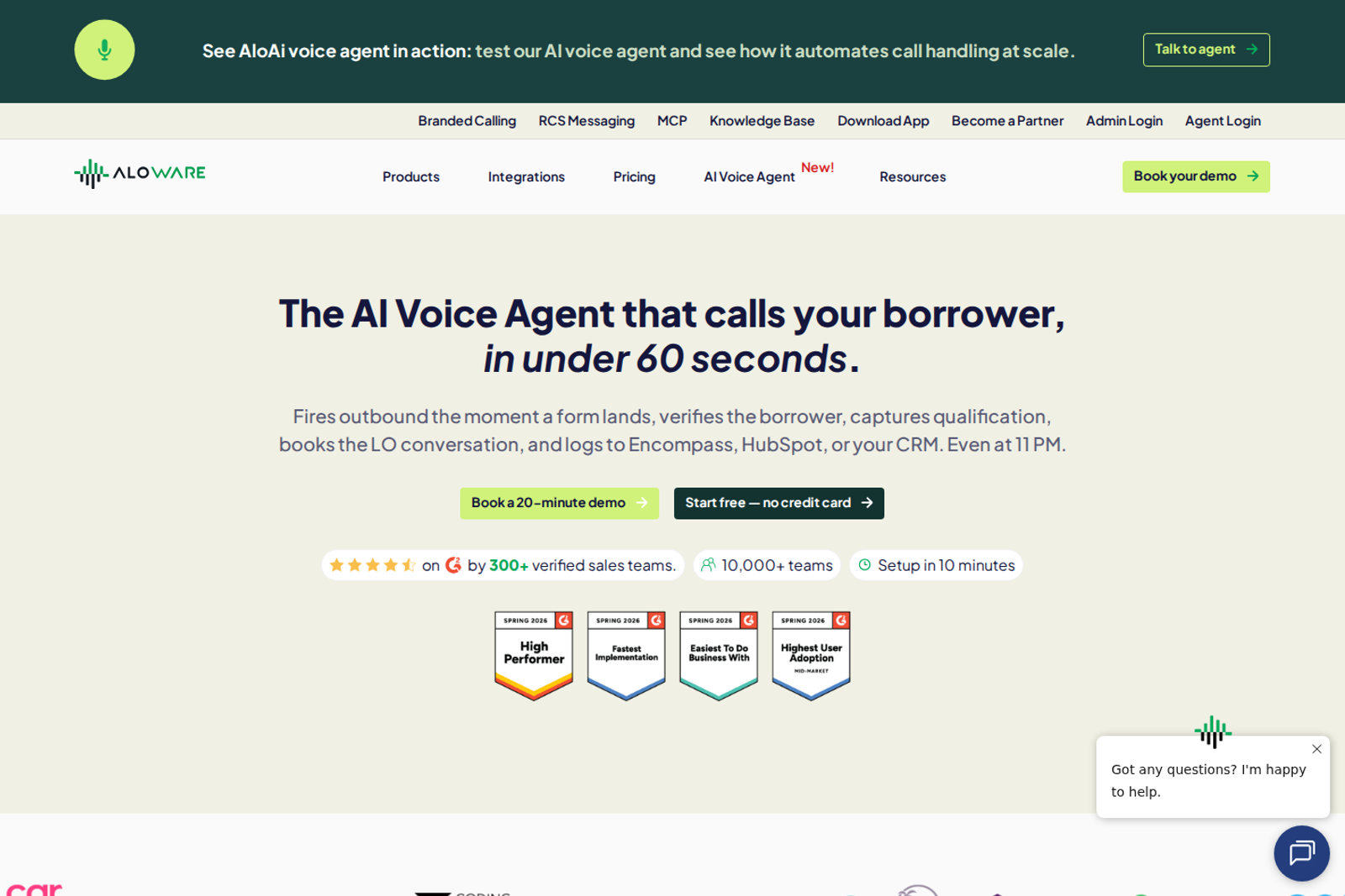 Screenshot of the Aloware AI voice agent mortgage lending page