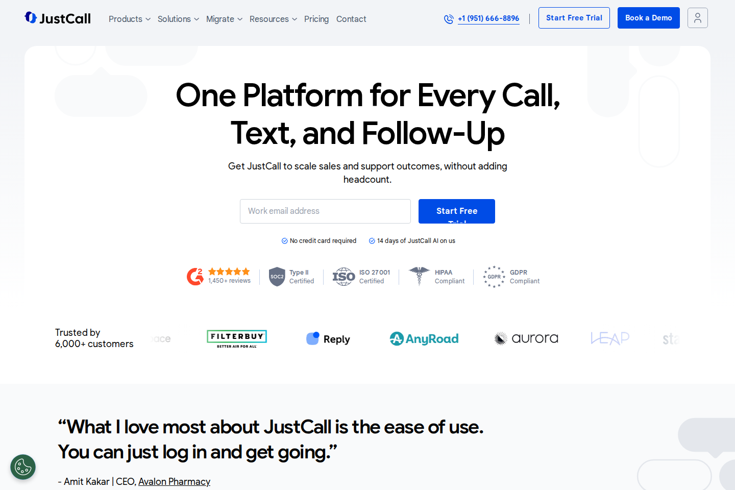 Screenshot of the JustCall landing page