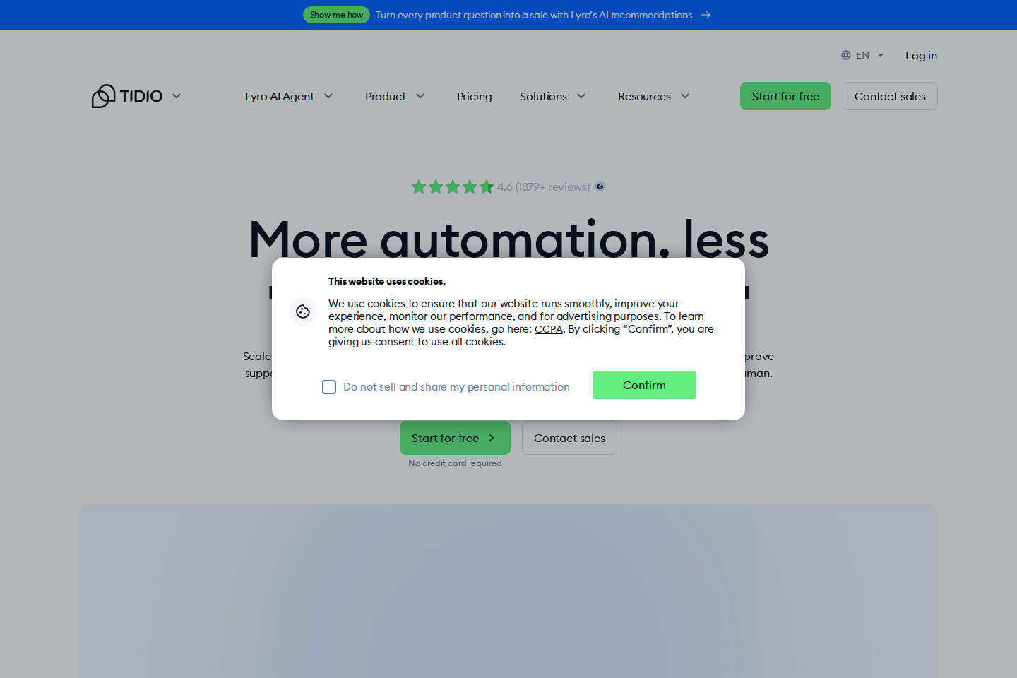 Screenshot of the Tidio homepage