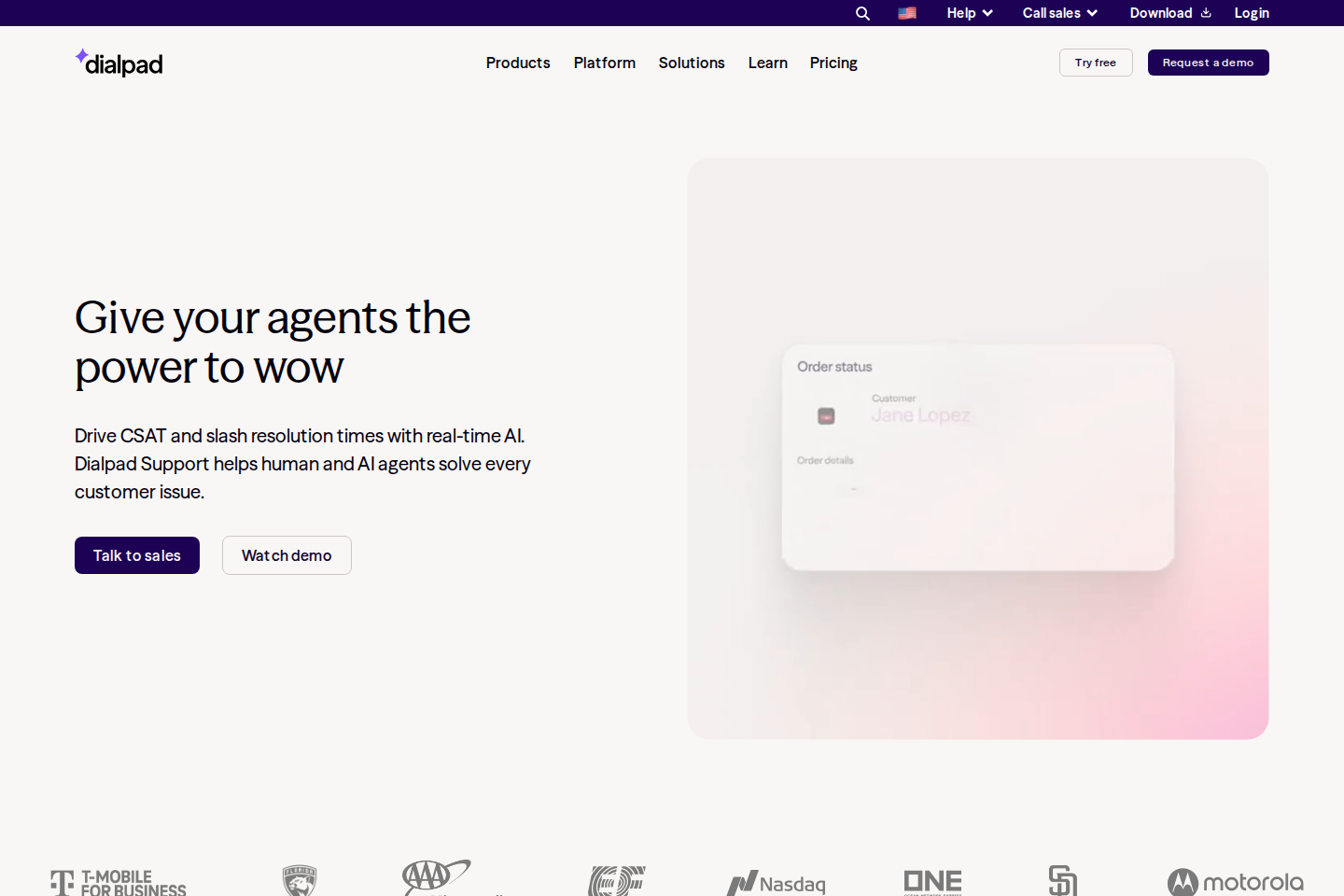 Screenshot of the Dialpad AI contact center page