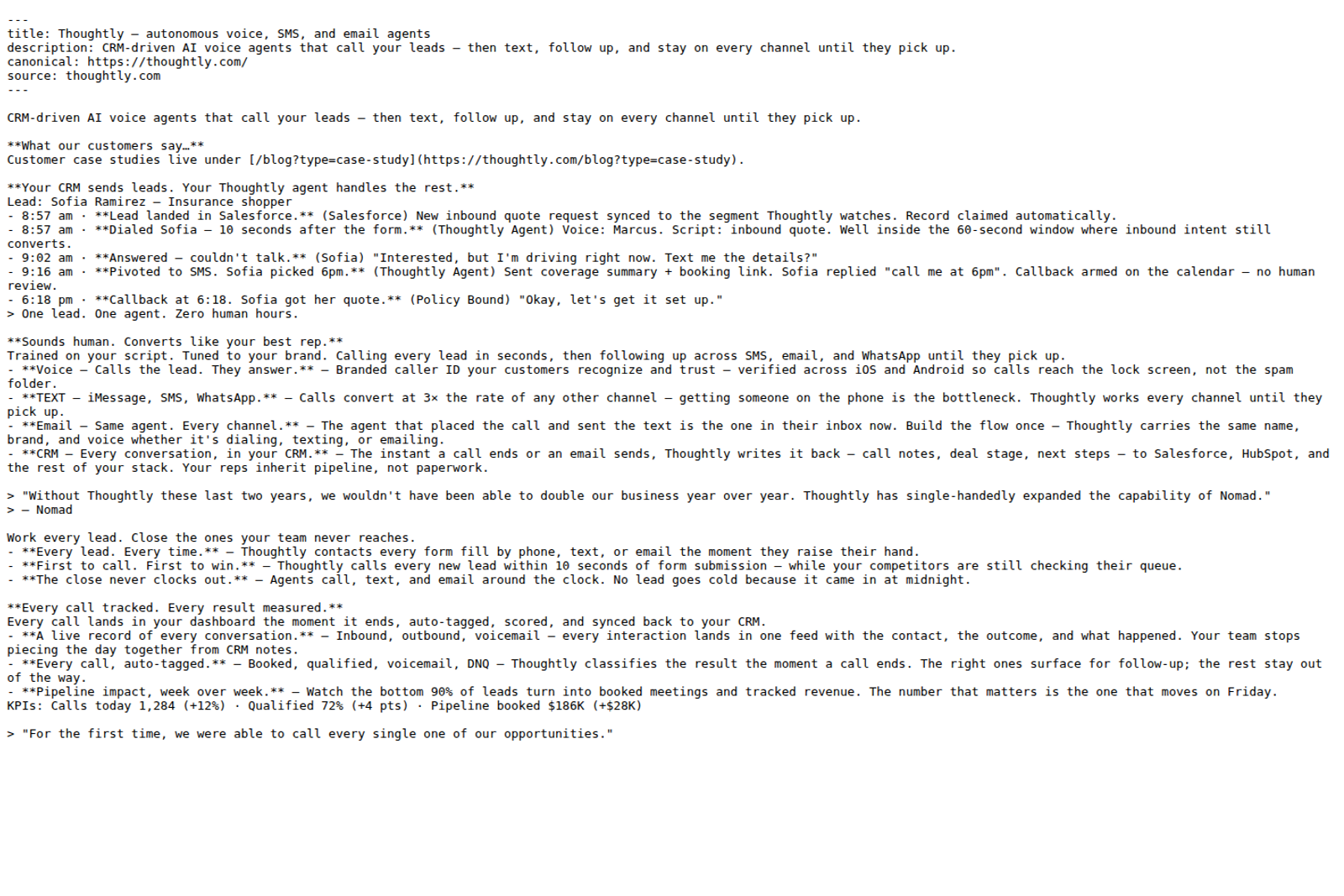 Screenshot of the Thoughtly website captured for this PolyAI alternatives article